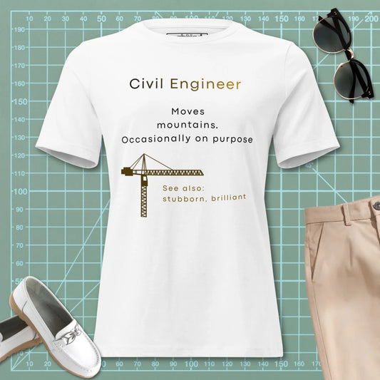 Women’s cut white t-shirt with "Civil Engineer. Moves mountains" definition and a crane graphic.

