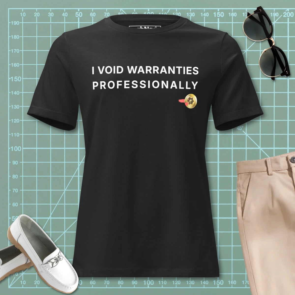 Women's black t-shirt featuring "I Void Warranties Professionally" text for R&D engineers.