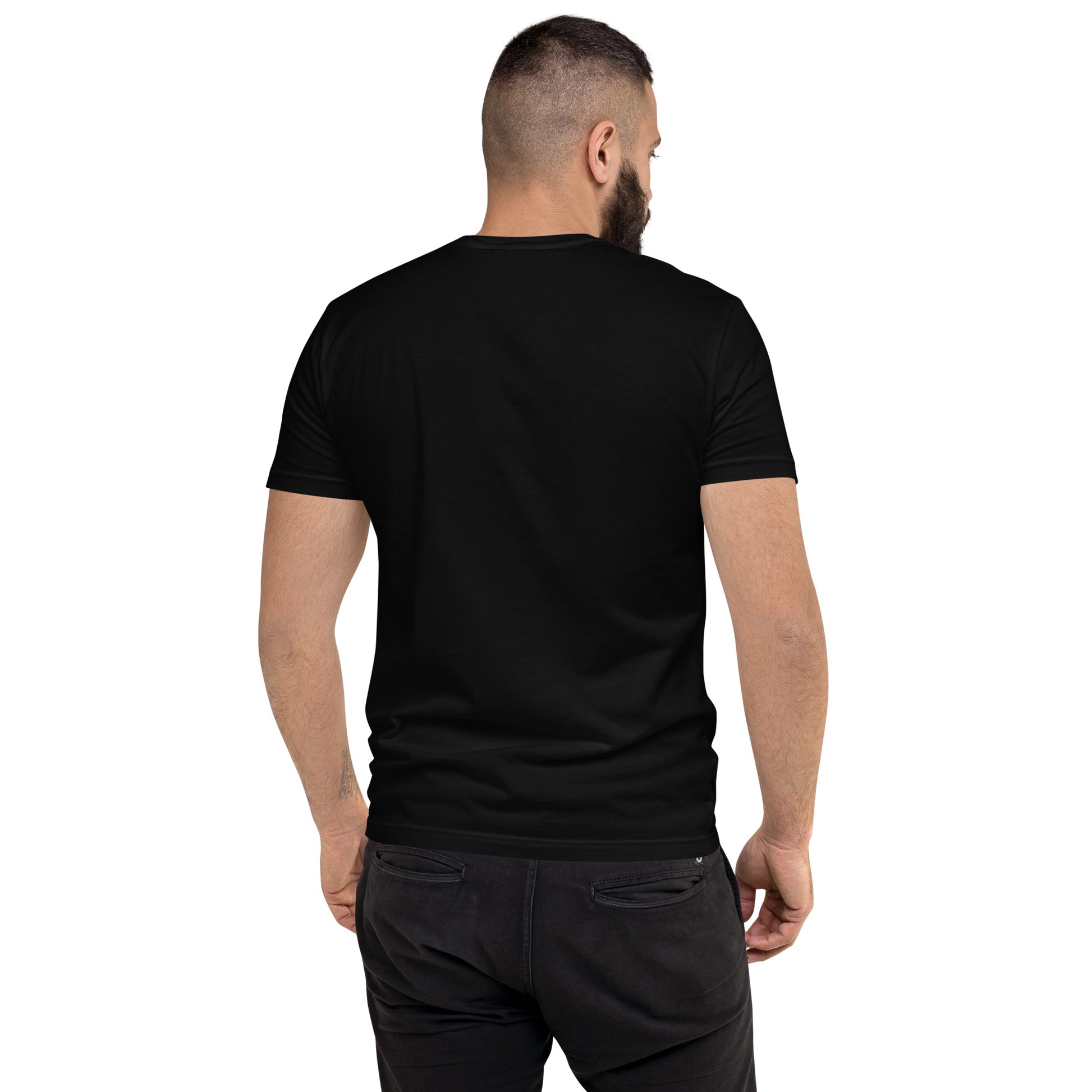 Product mockup. Man with short curly hair wearing a plain black fitted t-shirt and blue jeans, back view.