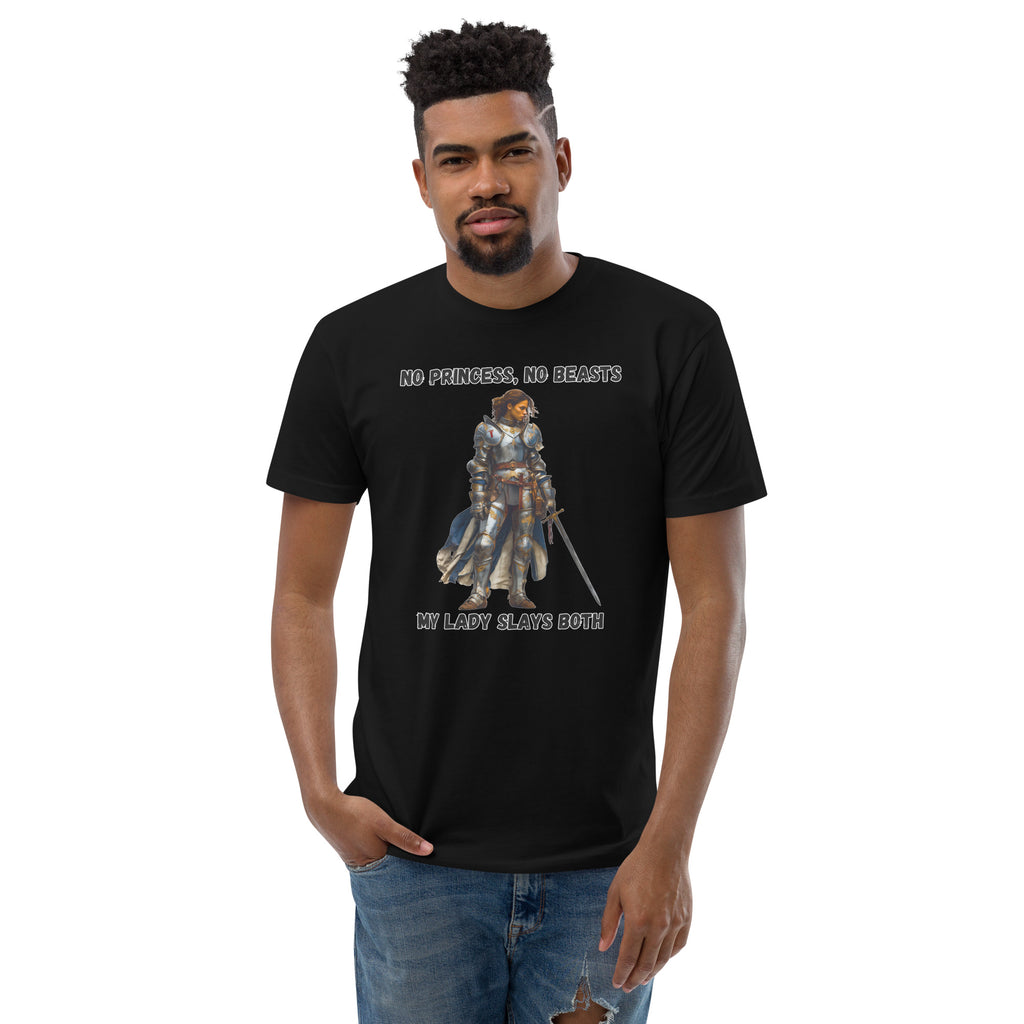 Product mockup. Man with short hair and beard wearing a black fitted t-shirt and black pants with a cartoon hedgehog and "Dude, you look a little stiff today!" caption.