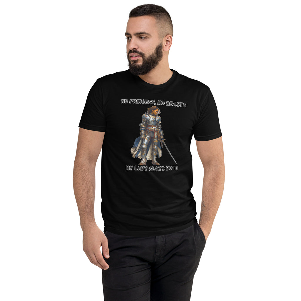 Product mockup. Man with short hair and beard wearing a black fitted t-shirt and black pants with a cartoon hedgehog and "Dude, you look a little stiff today!" caption.