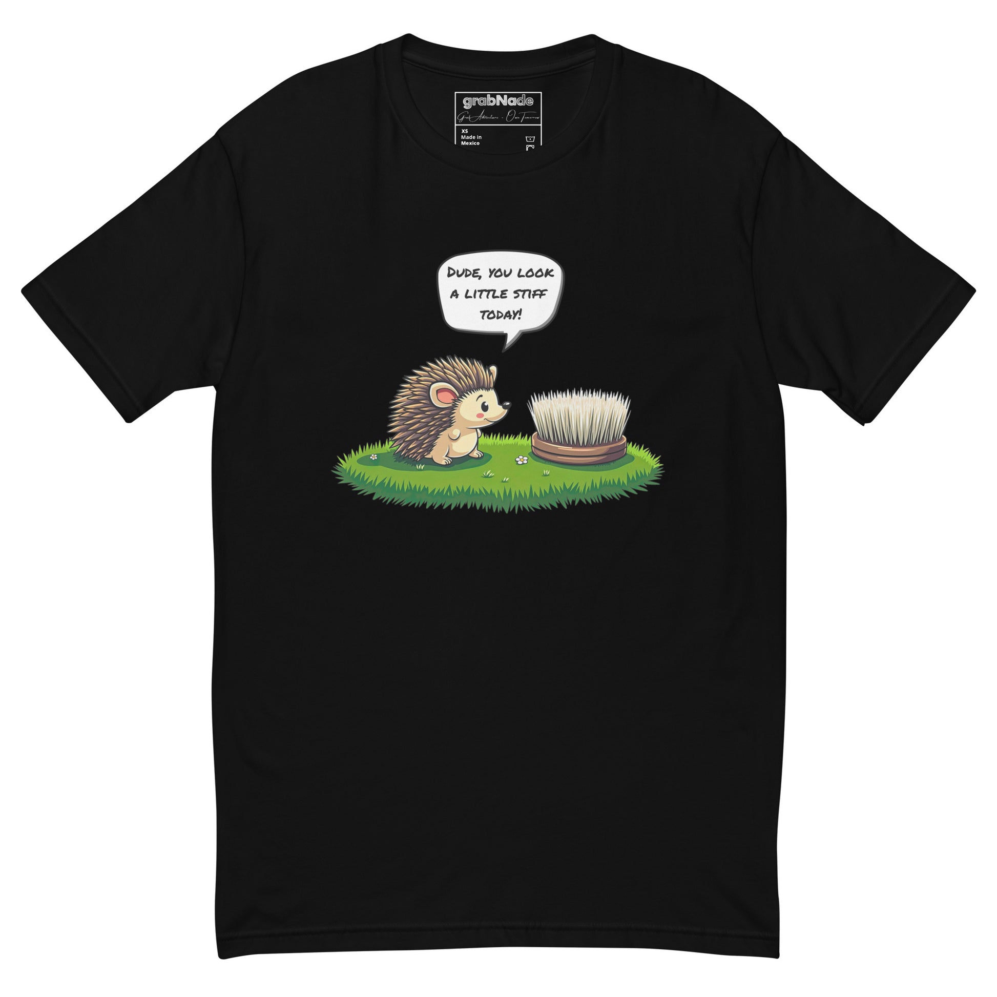 Product mockup. Man with short hair and beard wearing a black fitted t-shirt and black pants with a cartoon hedgehog and "Dude, you look a little stiff today!" caption.