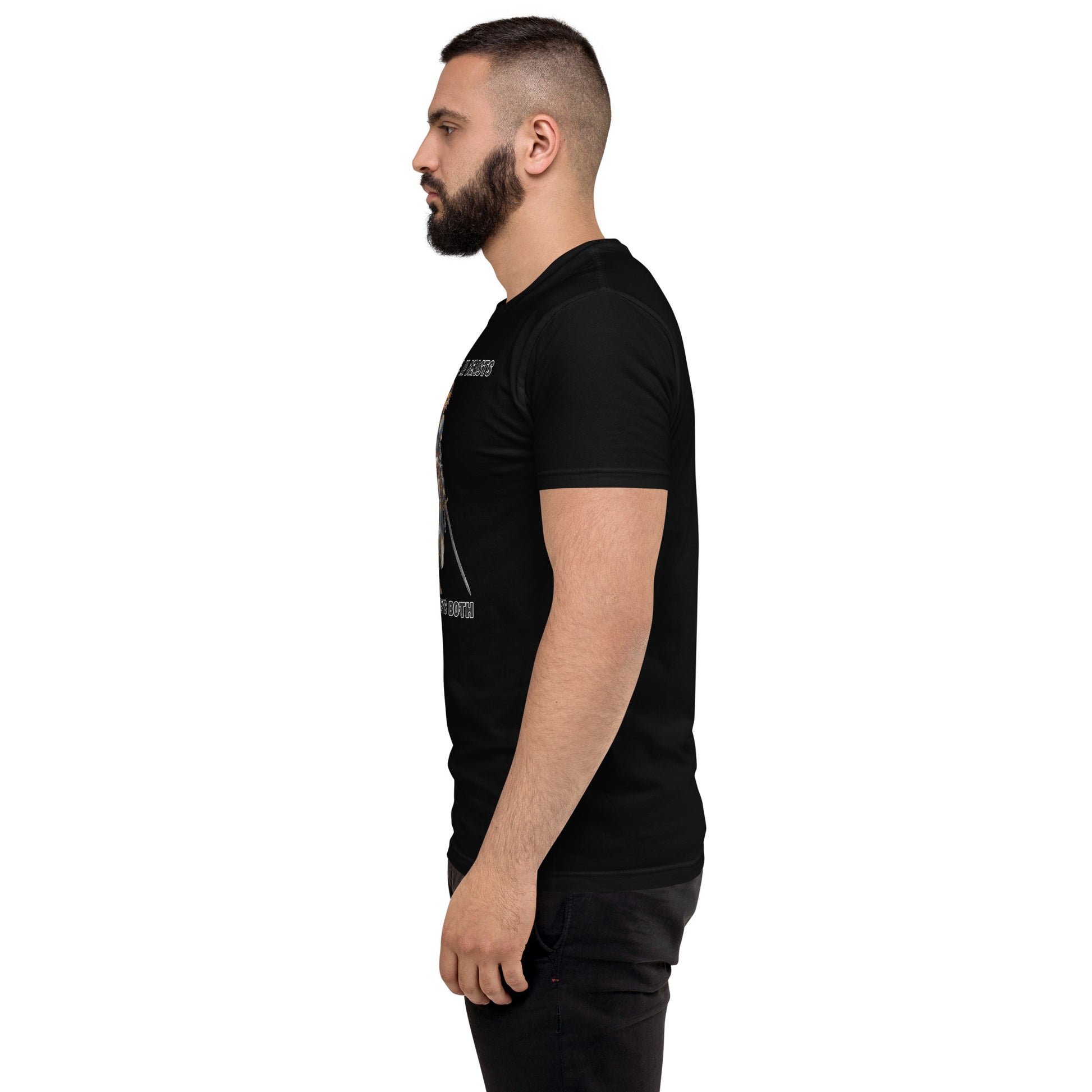 Product mockup. Man in profile wearing a black fitted t-shirt and black pants, with a medieval warrior woman graphic and bold empowerment text.