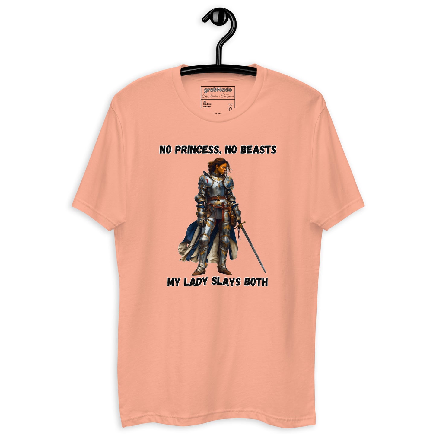 Product mockup. Desert pink t-shirt on a hanger printed with a cartoon hedgehog talking to a round brush and the caption, "Dude, you look a little stiff today!"