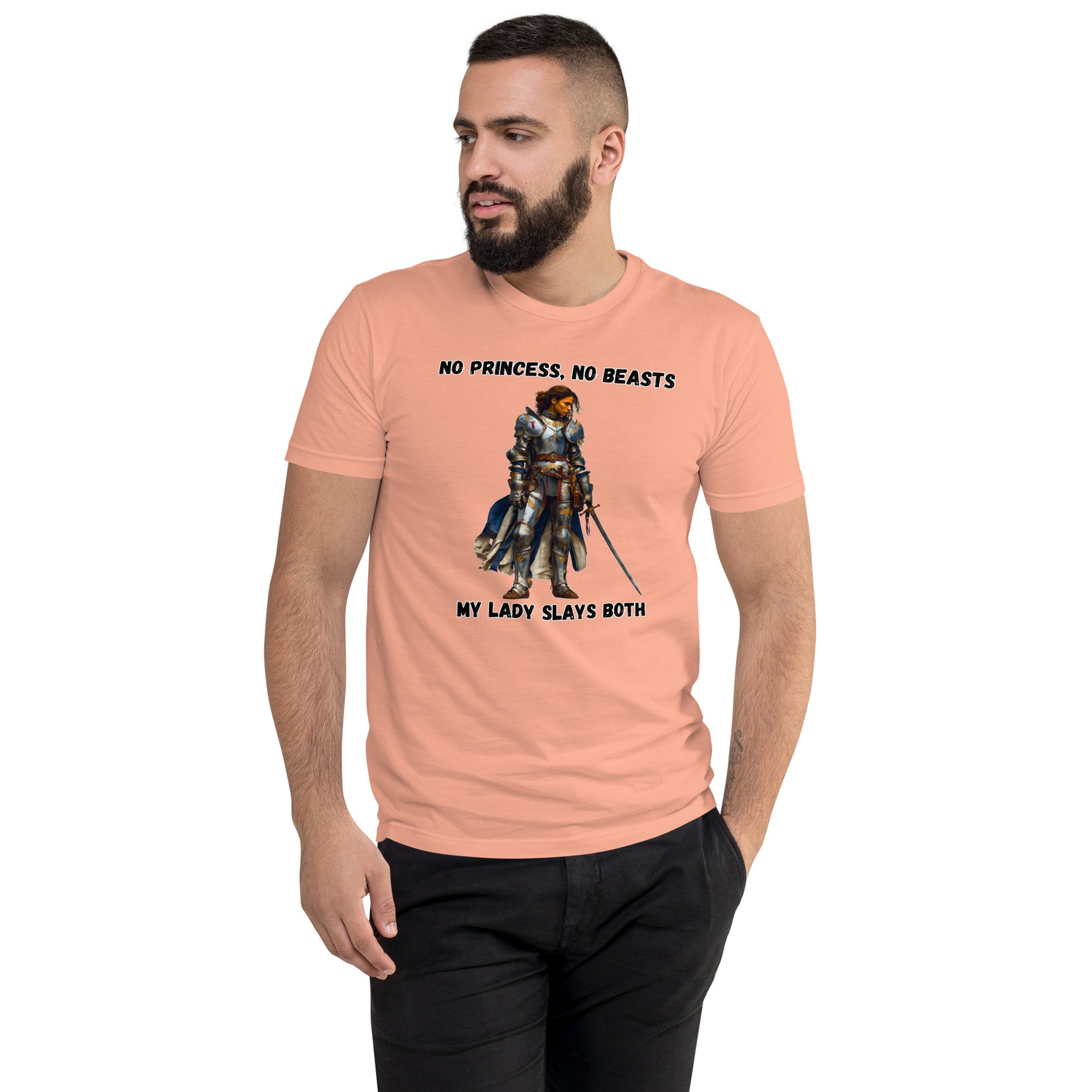 Product mockup. Desert pink t-shirt on a hanger printed with a cartoon hedgehog talking to a round brush and the caption, "Dude, you look a little stiff today!"