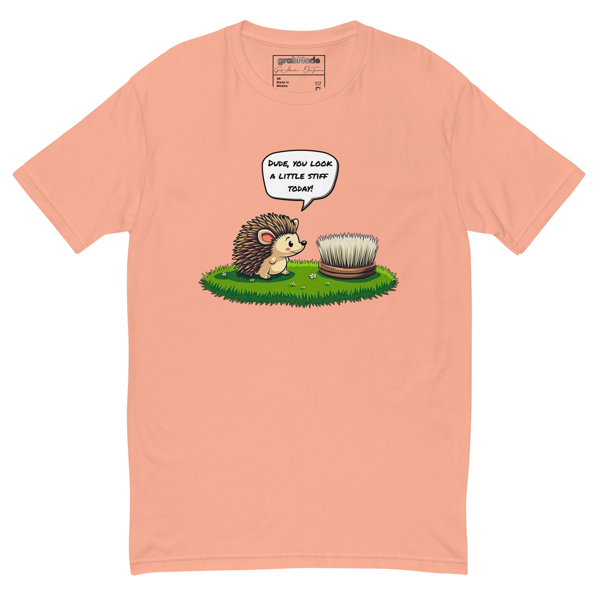 Product mockup. Desert pink t-shirt on a hanger printed with a cartoon hedgehog talking to a round brush and the caption, "Dude, you look a little stiff today!"