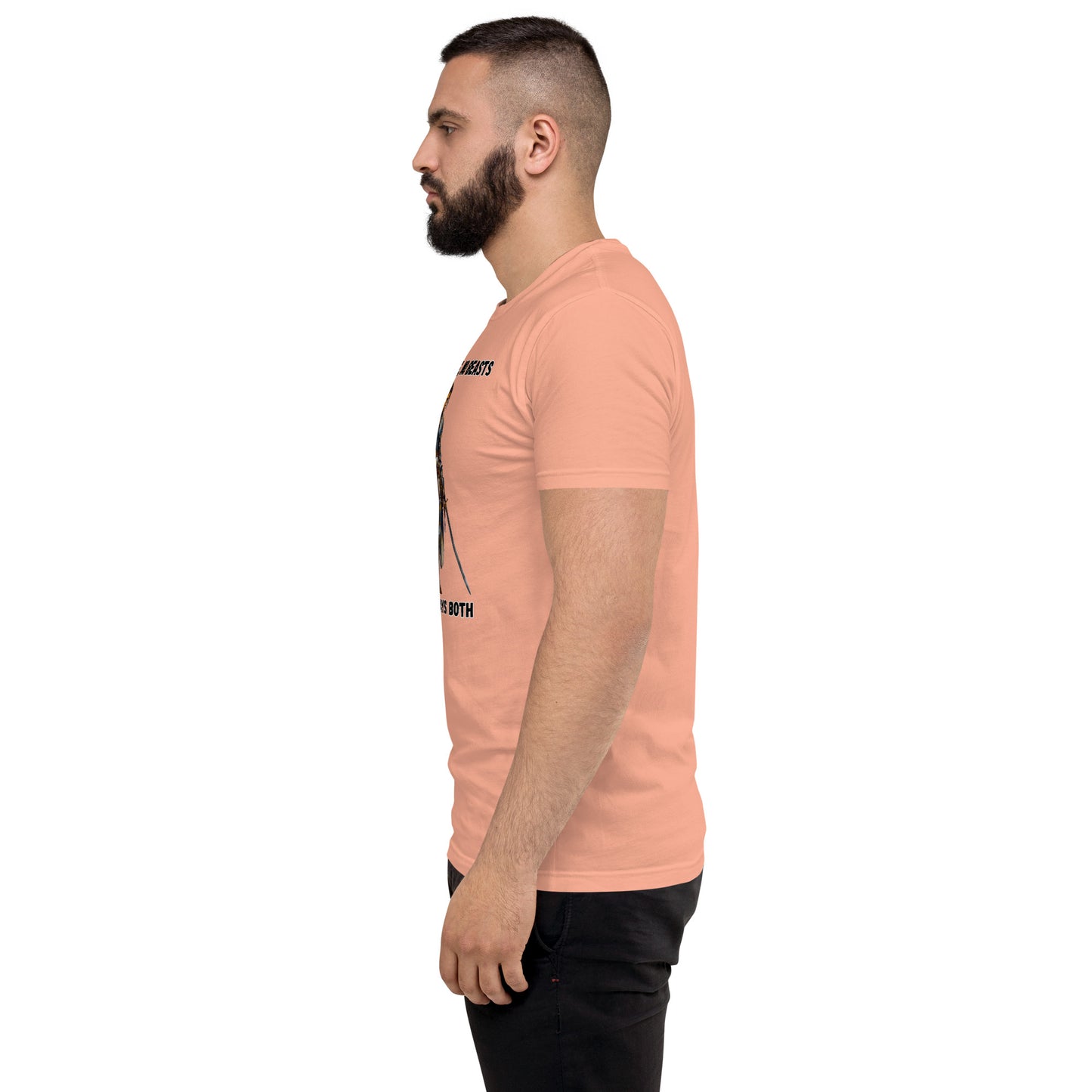 Product mockup. Man standing in profile wearing a desert pink t-shirt and black pants, printed with a medieval warrior woman graphic and bold empowerment text.