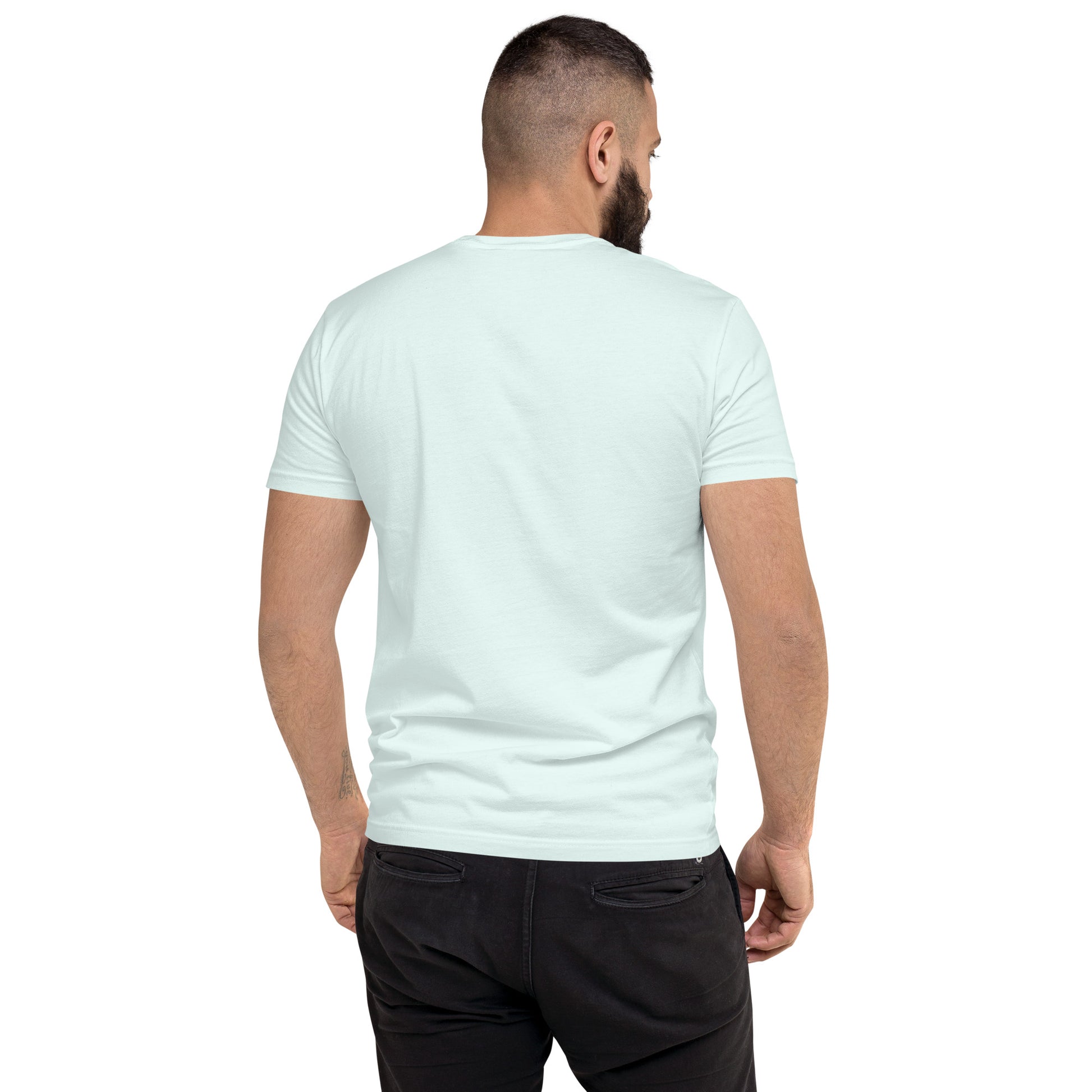 Product mockup. Man with short curly hair wearing a plain light blue fitted t-shirt and blue jeans, back view.