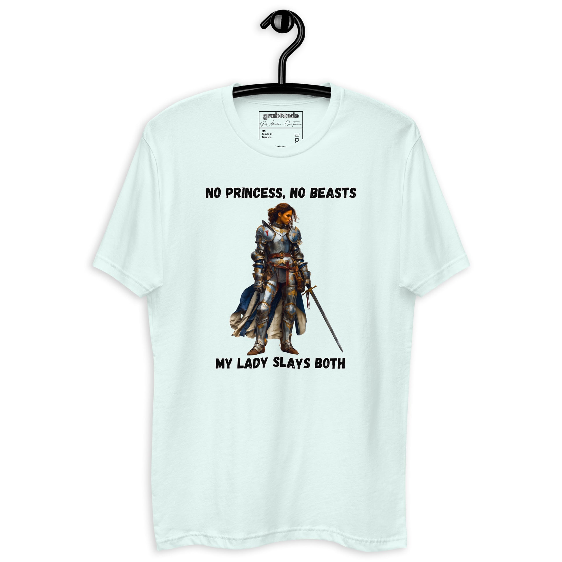 Product mockup. Man with short curly hair wearing a light blue t-shirt and jeans, shown from the front, printed with a cartoon hedgehog talking to a round brush and a humorous caption.