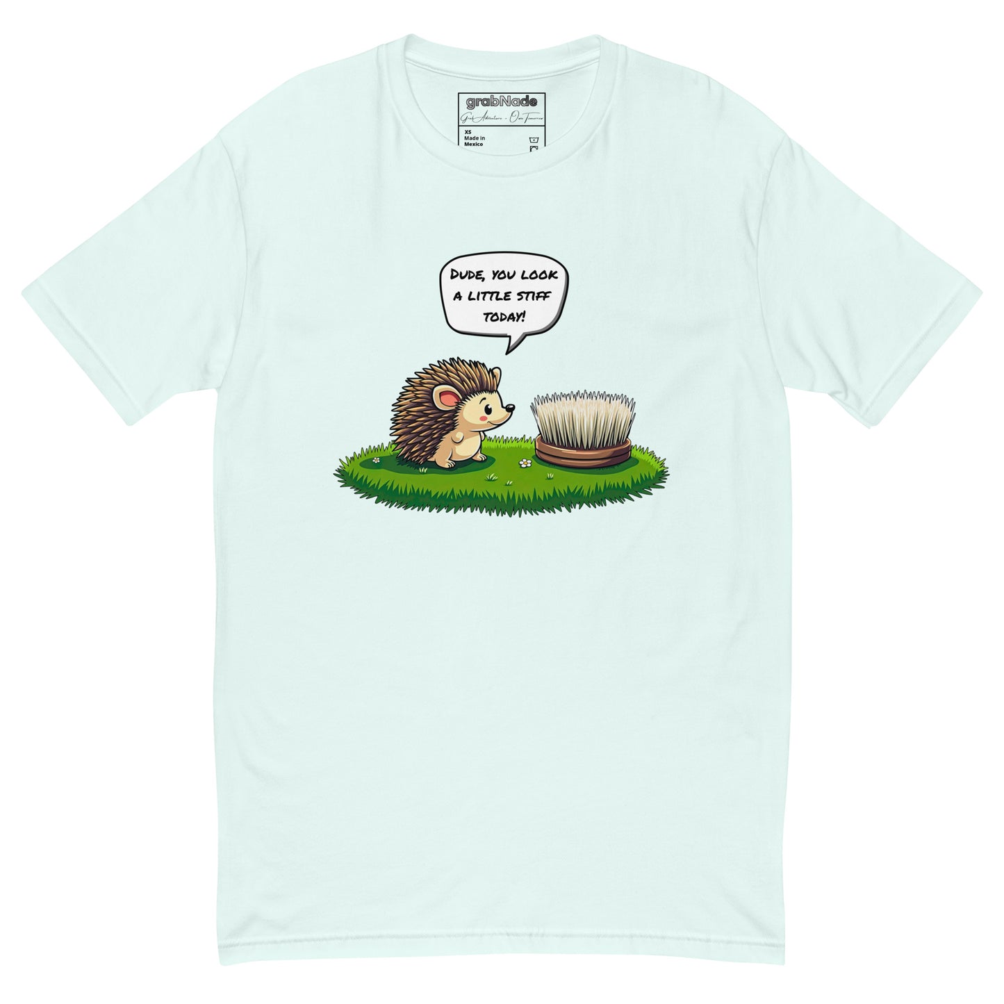 Product mockup. Man with short curly hair wearing a light blue t-shirt and jeans, shown from the front, printed with a cartoon hedgehog talking to a round brush and a humorous caption.