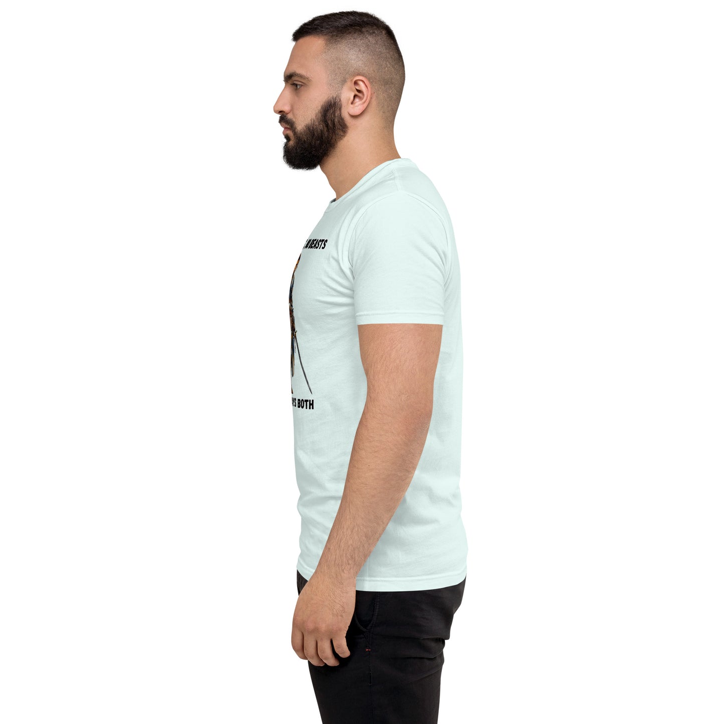 Product mockup. Man with short hair and beard in profile wearing a light blue fitted t-shirt and black pants, printed with a medieval warrior woman and empowerment text.