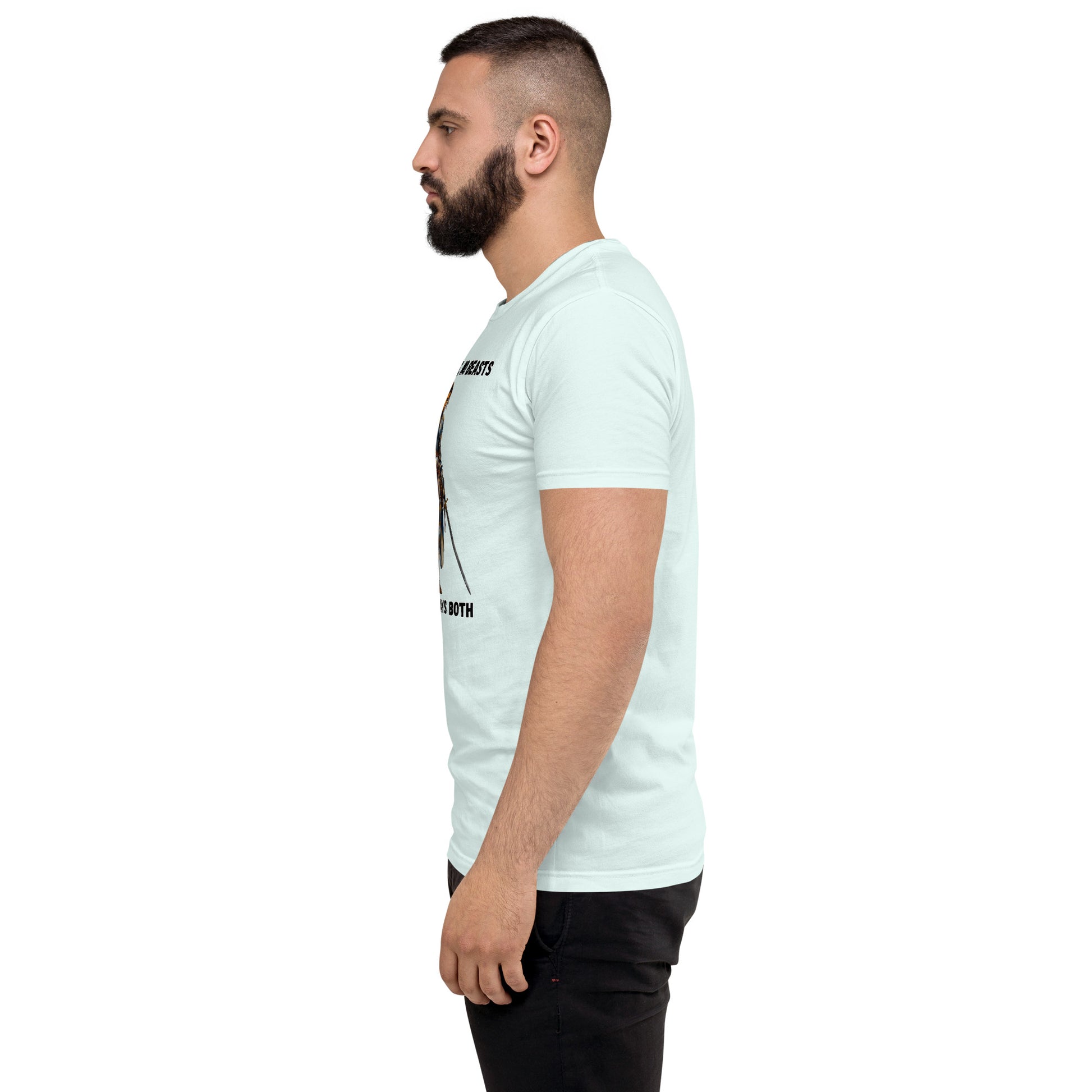 Product mockup. Man with short hair and beard in profile wearing a light blue fitted t-shirt and black pants, printed with a medieval warrior woman and empowerment text.