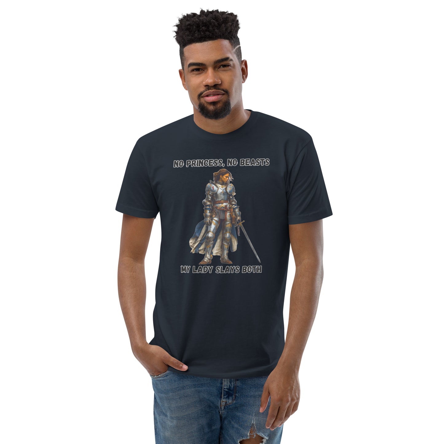 Product mockup. Man with short curly hair wearing a midnight navy t-shirt and jeans, printed with a medieval warrior woman and empowerment slogan.