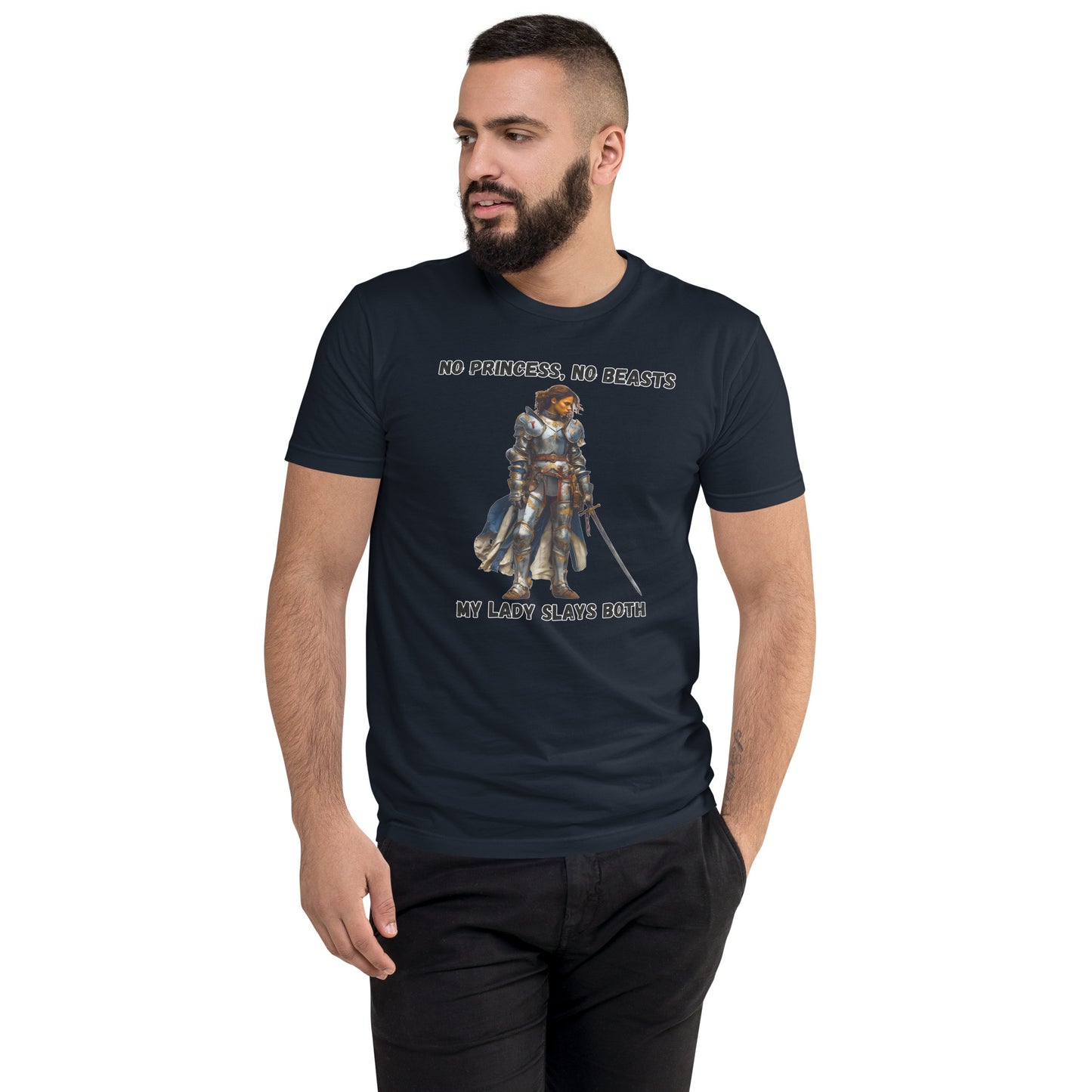 Product mockup. Man with short curly hair wearing a midnight navy t-shirt and jeans, printed with a medieval warrior woman and empowerment slogan.
