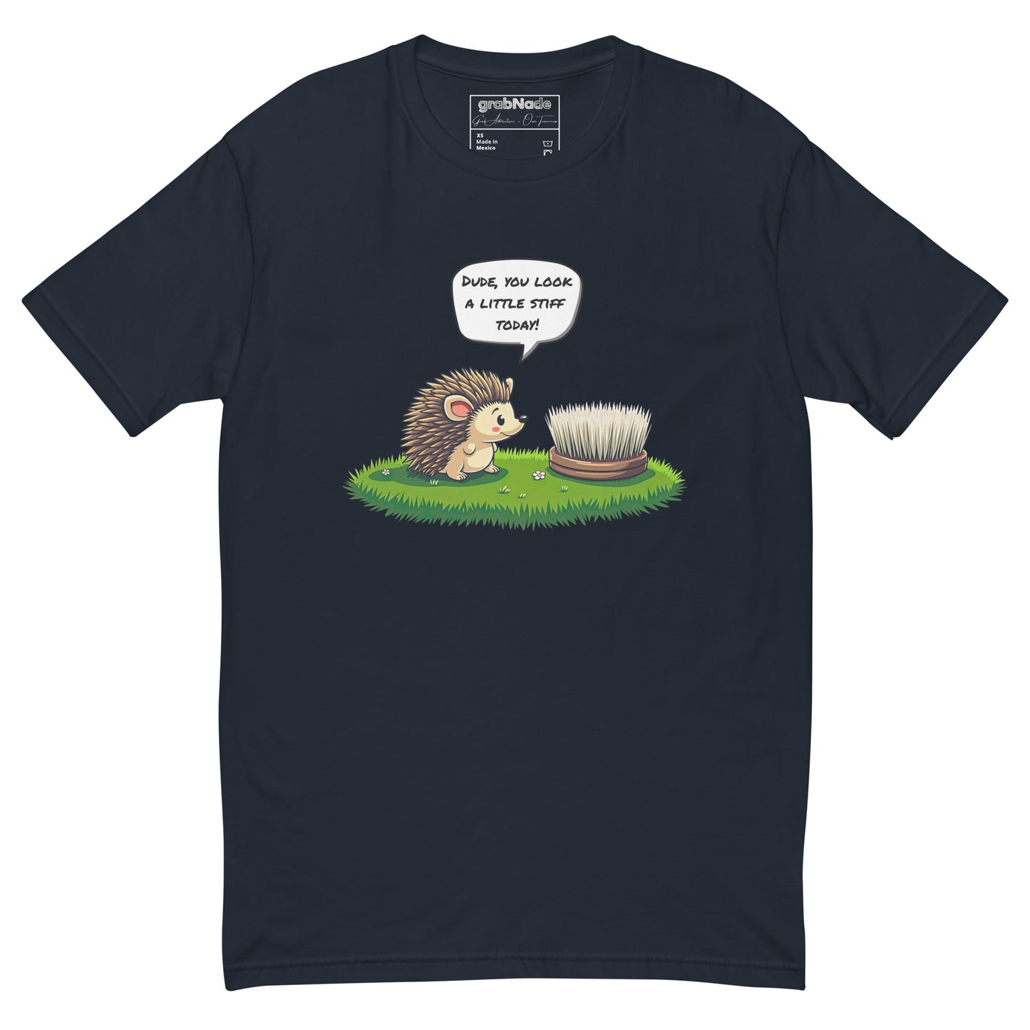 Product mockup. Man with short curly hair wearing a midnight navy t-shirt and jeans, printed with a medieval warrior woman and empowerment slogan.