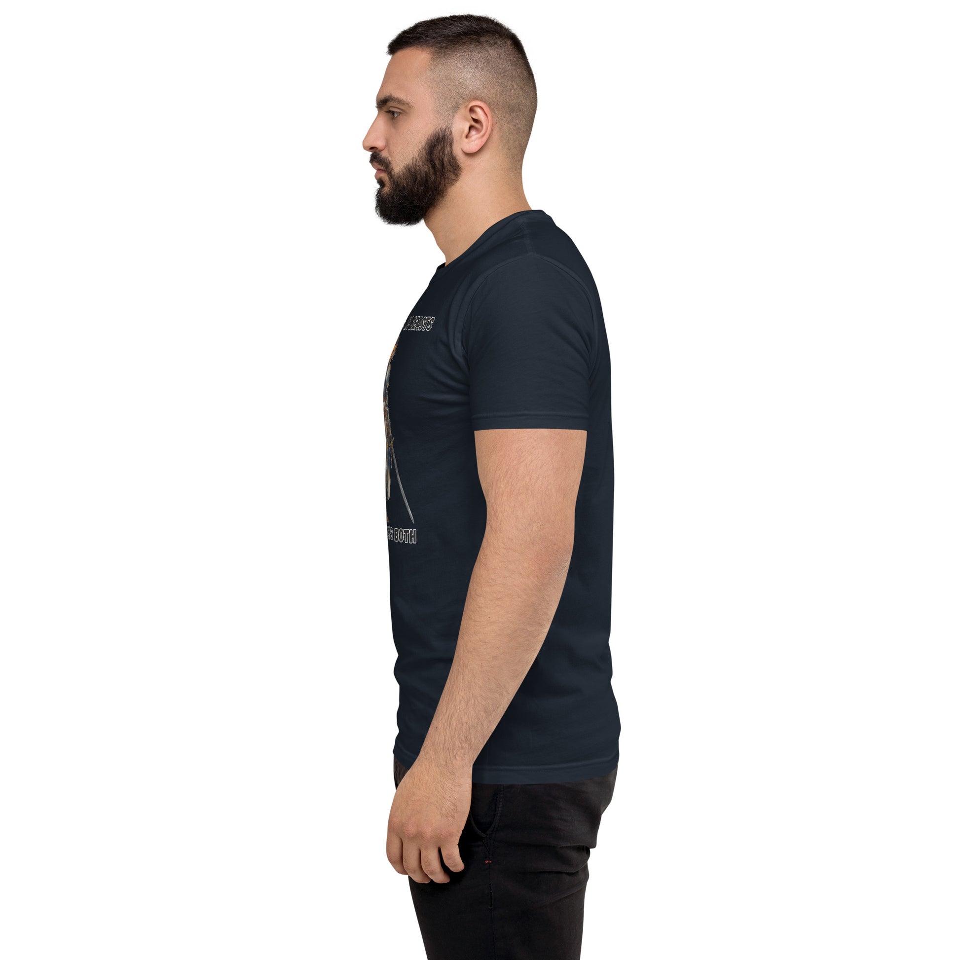 Product mockup. Man in profile wearing a midnight navy fitted t-shirt and black pants, printed with a medieval warrior woman and empowerment slogan.