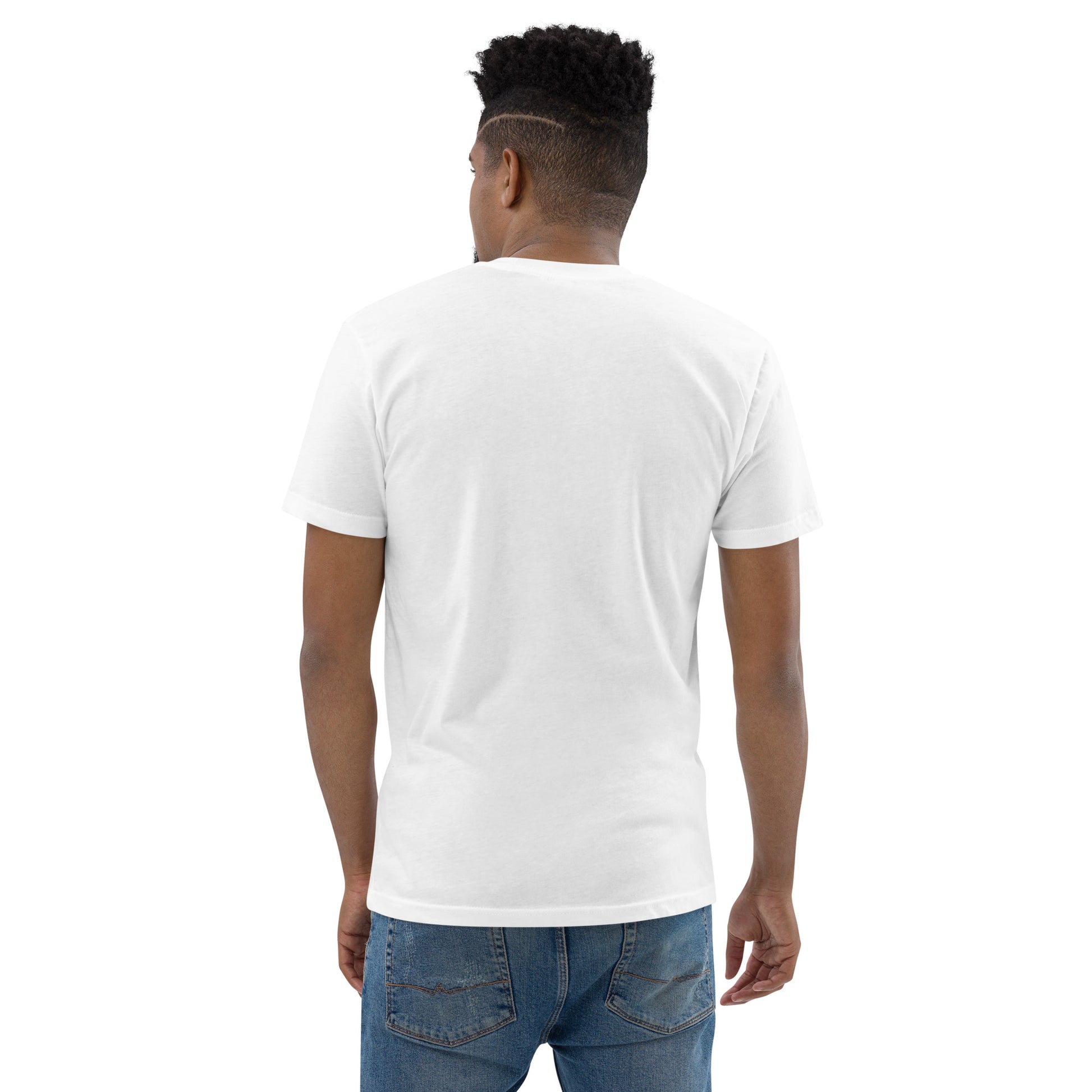Product mockup. Man with short hair and beard wearing a plain white fitted t-shirt and black pants, back view.