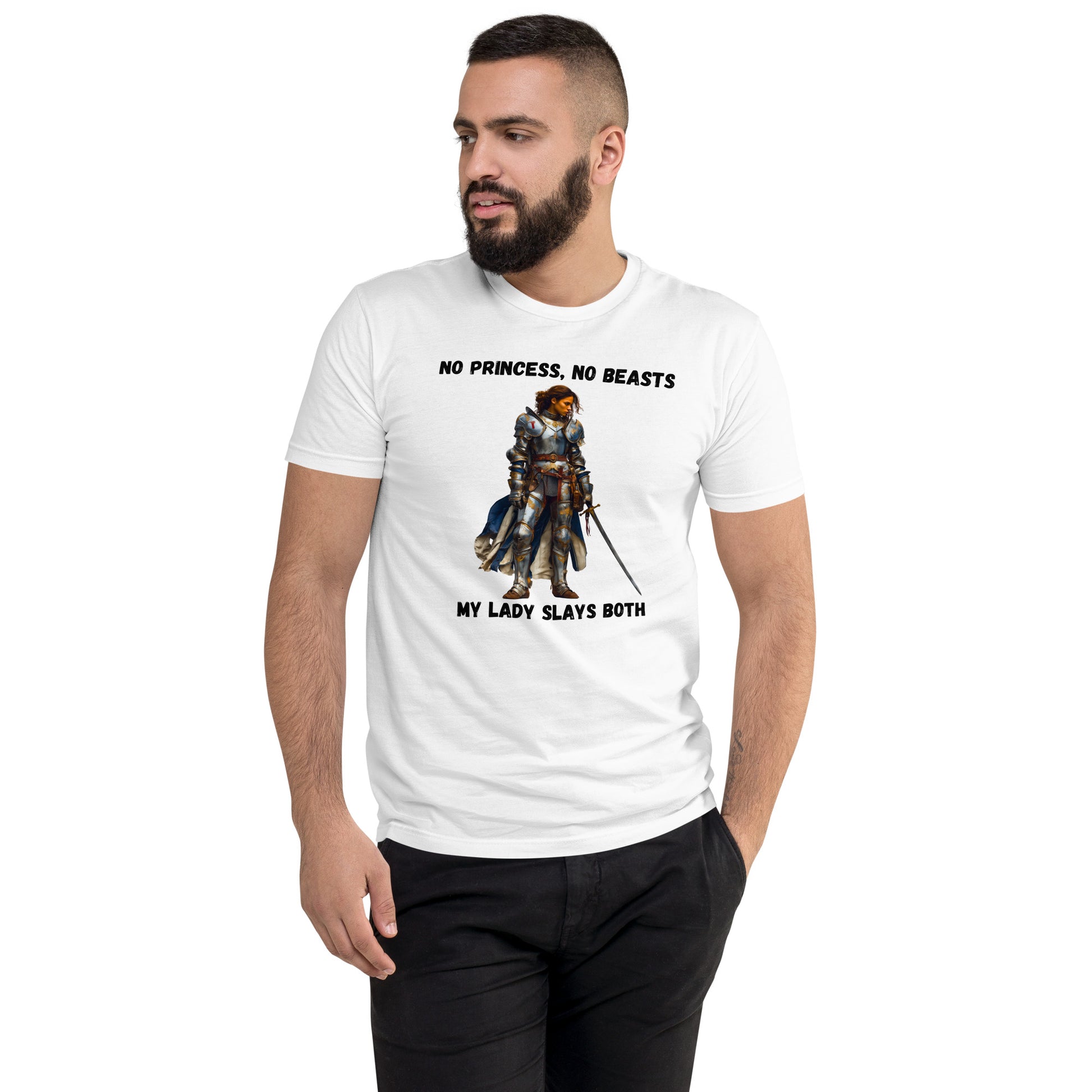 Product mockup. Man with short curly hair wearing a white t-shirt and jeans, printed with a medieval warrior woman and the slogan "No princess, no beasts My lady slays both."