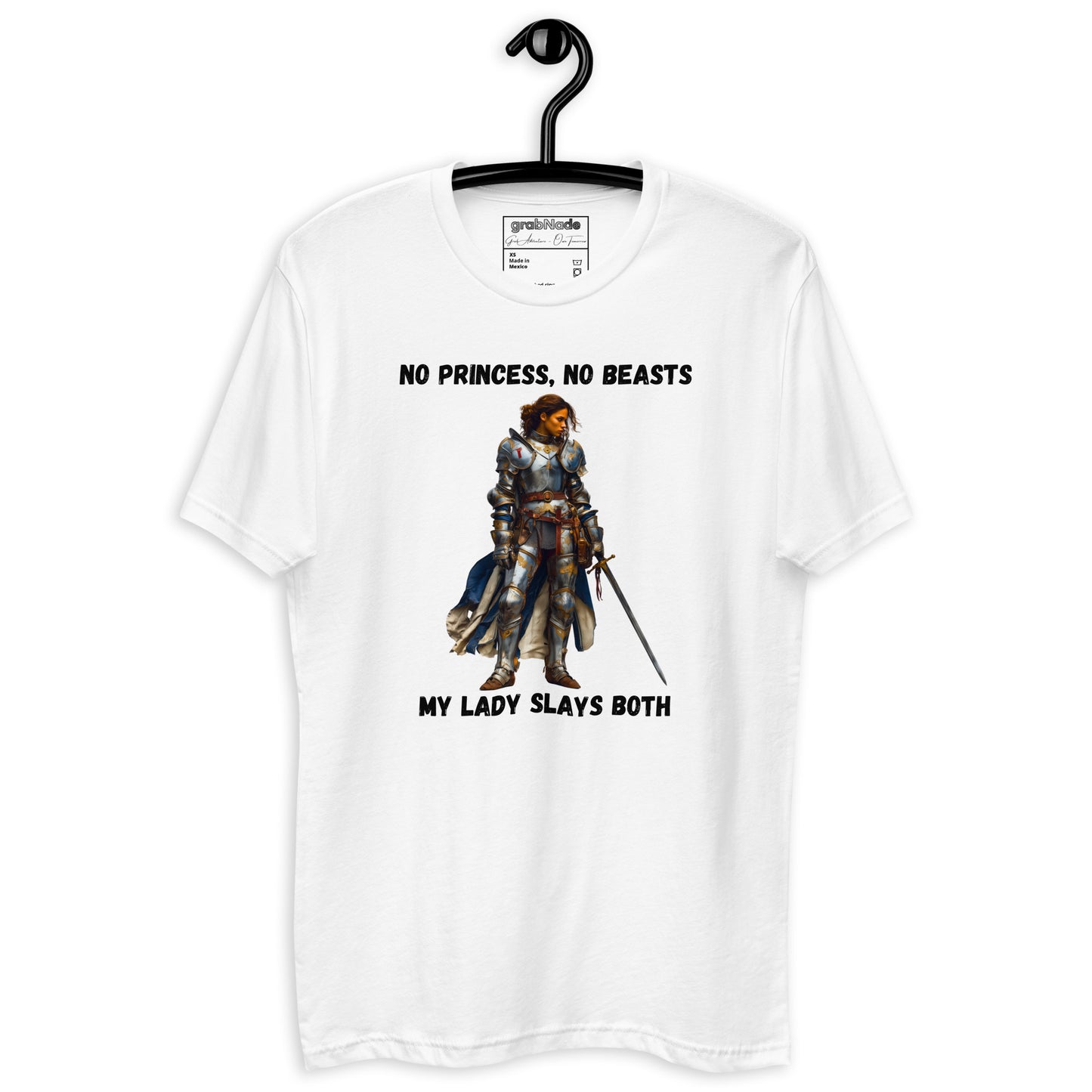 Product mockup. Man with short curly hair wearing a white t-shirt and jeans, printed with a medieval warrior woman and the slogan "No princess, no beasts My lady slays both."
