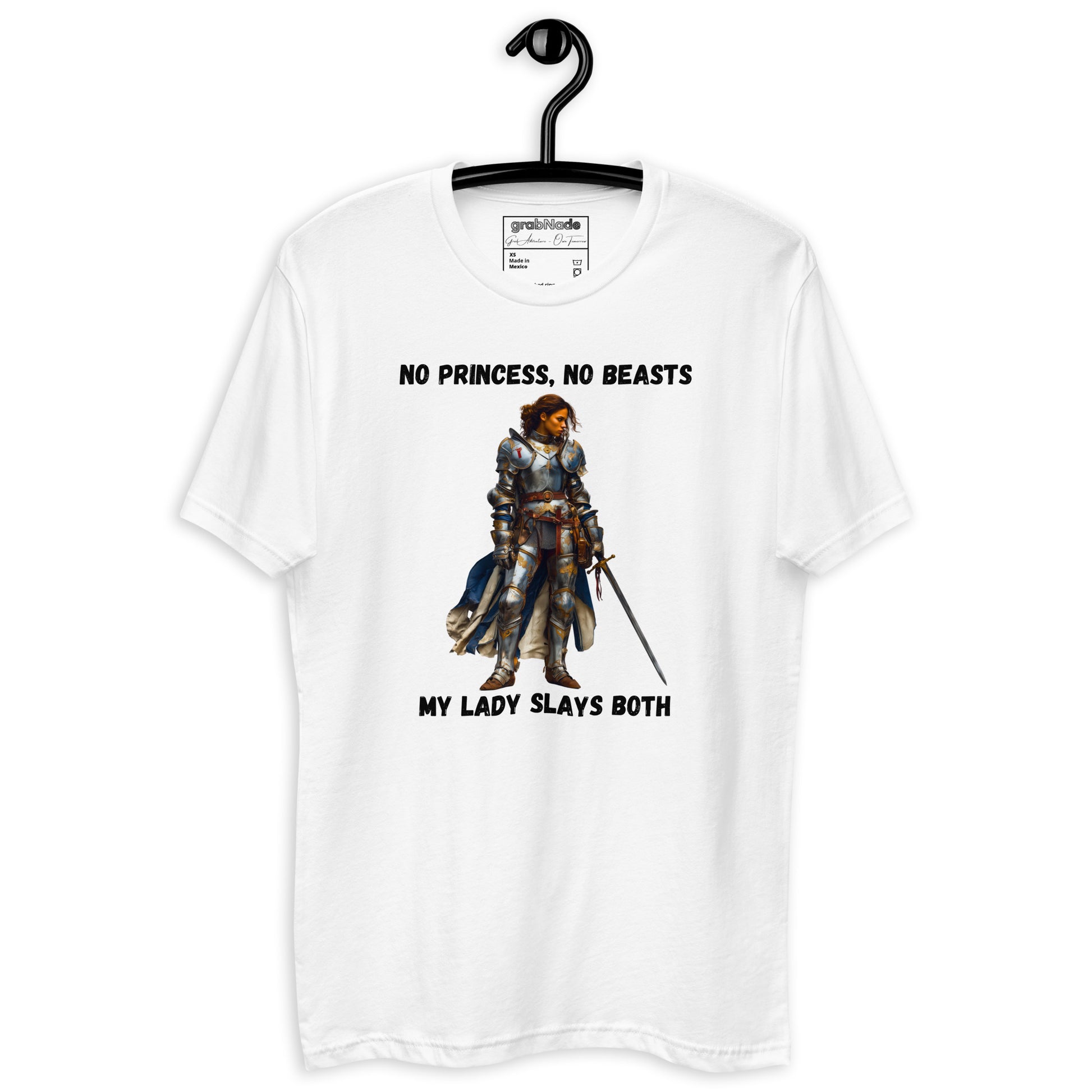 Product mockup. Man with short curly hair wearing a white t-shirt and jeans, printed with a medieval warrior woman and the slogan "No princess, no beasts My lady slays both."