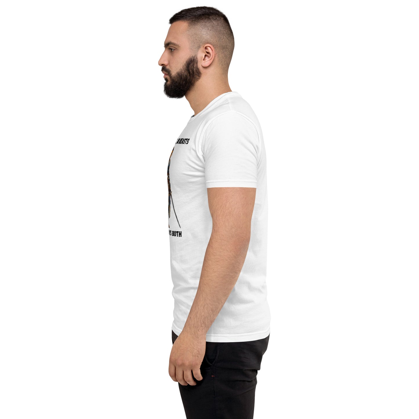 Product mockup. Man with short hair and beard in profile wearing a white fitted t-shirt and black pants, printed with a medieval warrior woman and empowerment text.