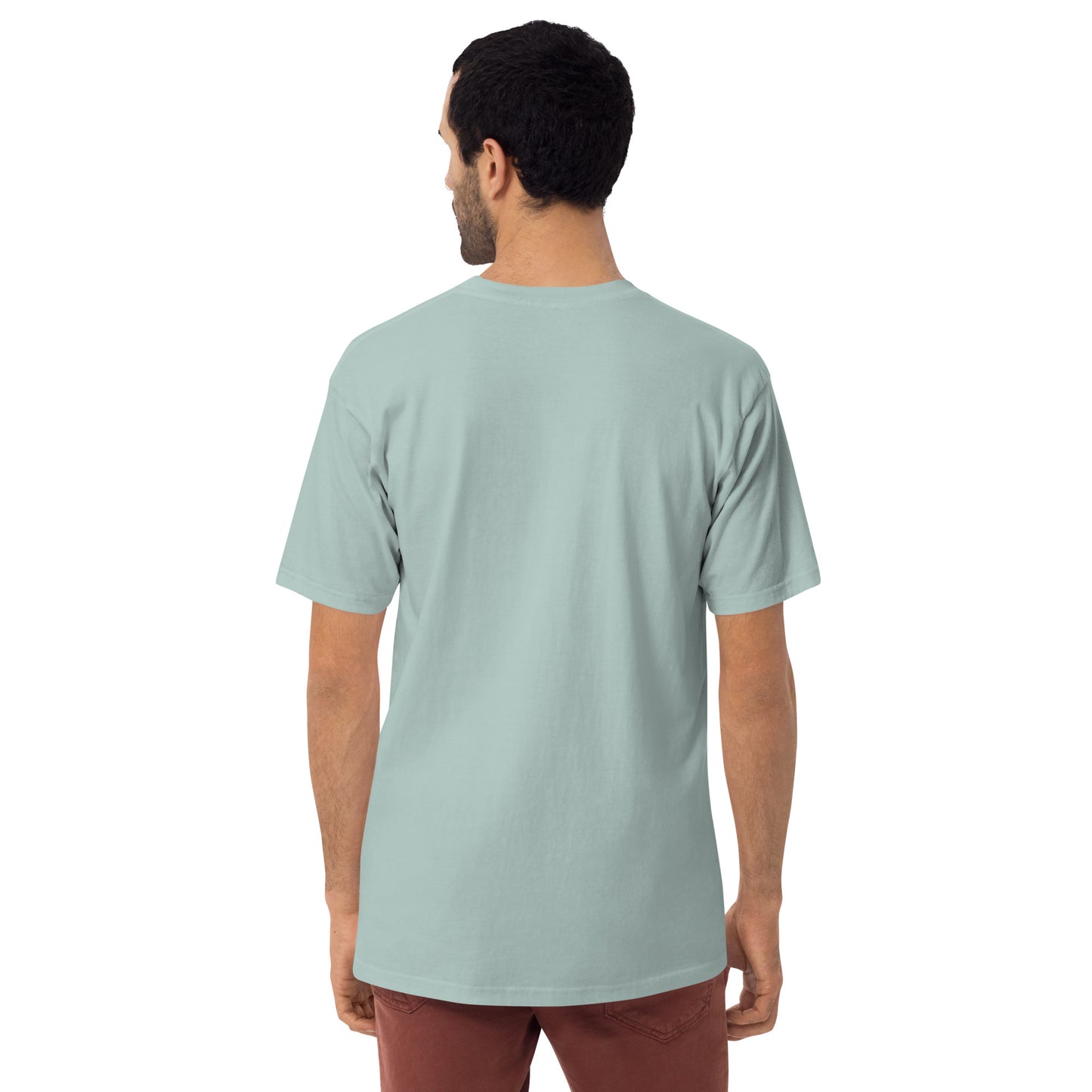 Product mockup. Man with short dark hair and beard shown from behind, wearing an agave-colored premium heavyweight t-shirt and dark pants, plus size.