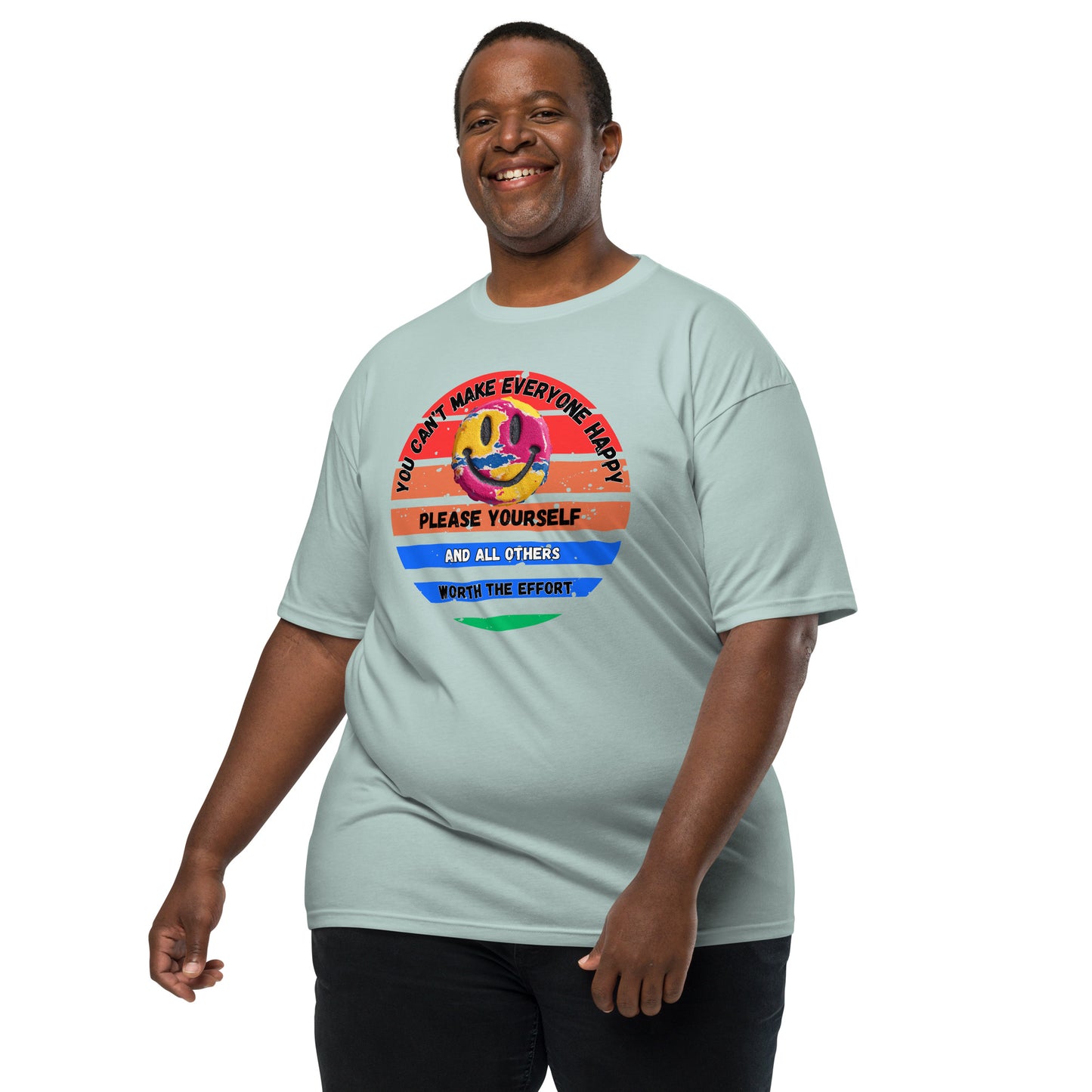 Product mockup. Man with short dark hair and beard wearing an agave-colored t-shirt with a colorful smiley face and text: "YOU CAN'T MAKE EVERYONE HAPPY. PLEASE YOURSELF AND ALL OTHERS WORTH THE EFFORT."