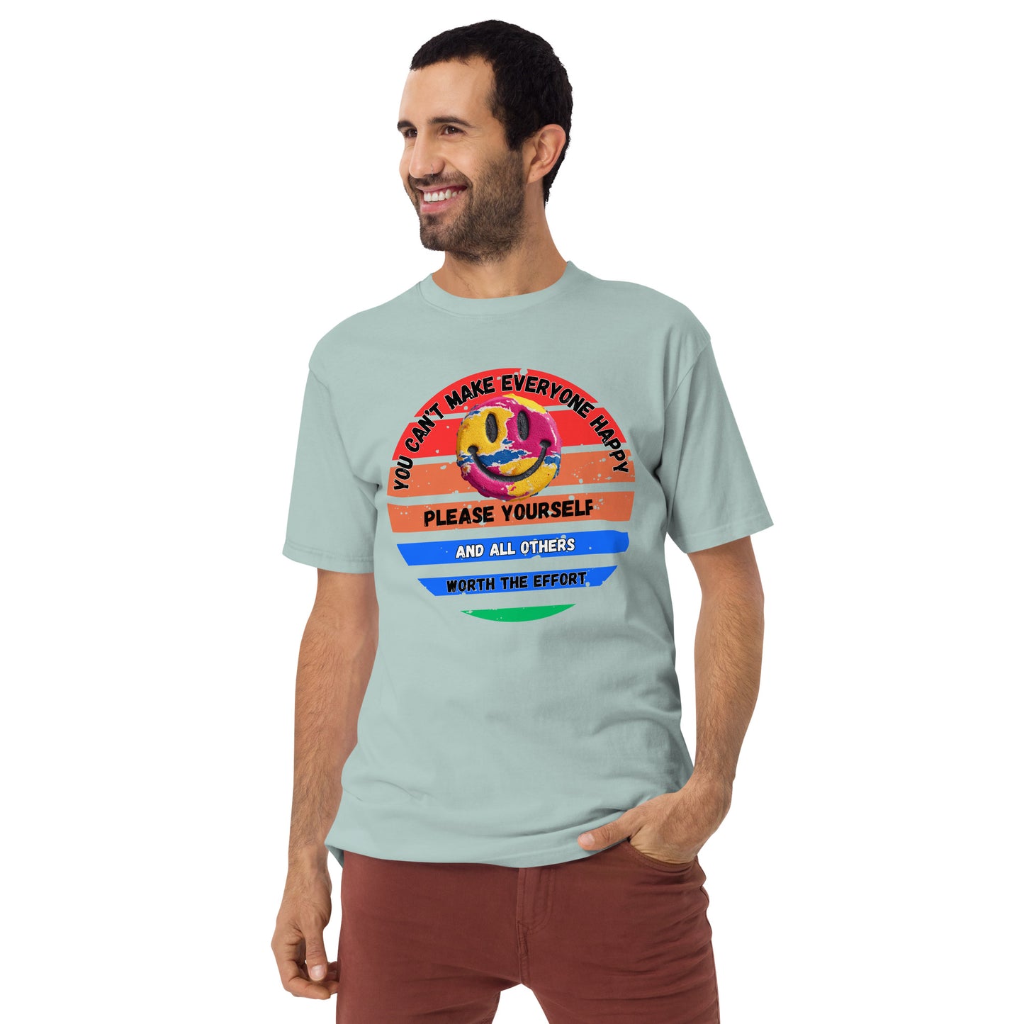 Product mockup. Man with short dark hair and beard wearing an agave-colored t-shirt with a colorful smiley face and text: "YOU CAN'T MAKE EVERYONE HAPPY. PLEASE YOURSELF AND ALL OTHERS WORTH THE EFFORT."