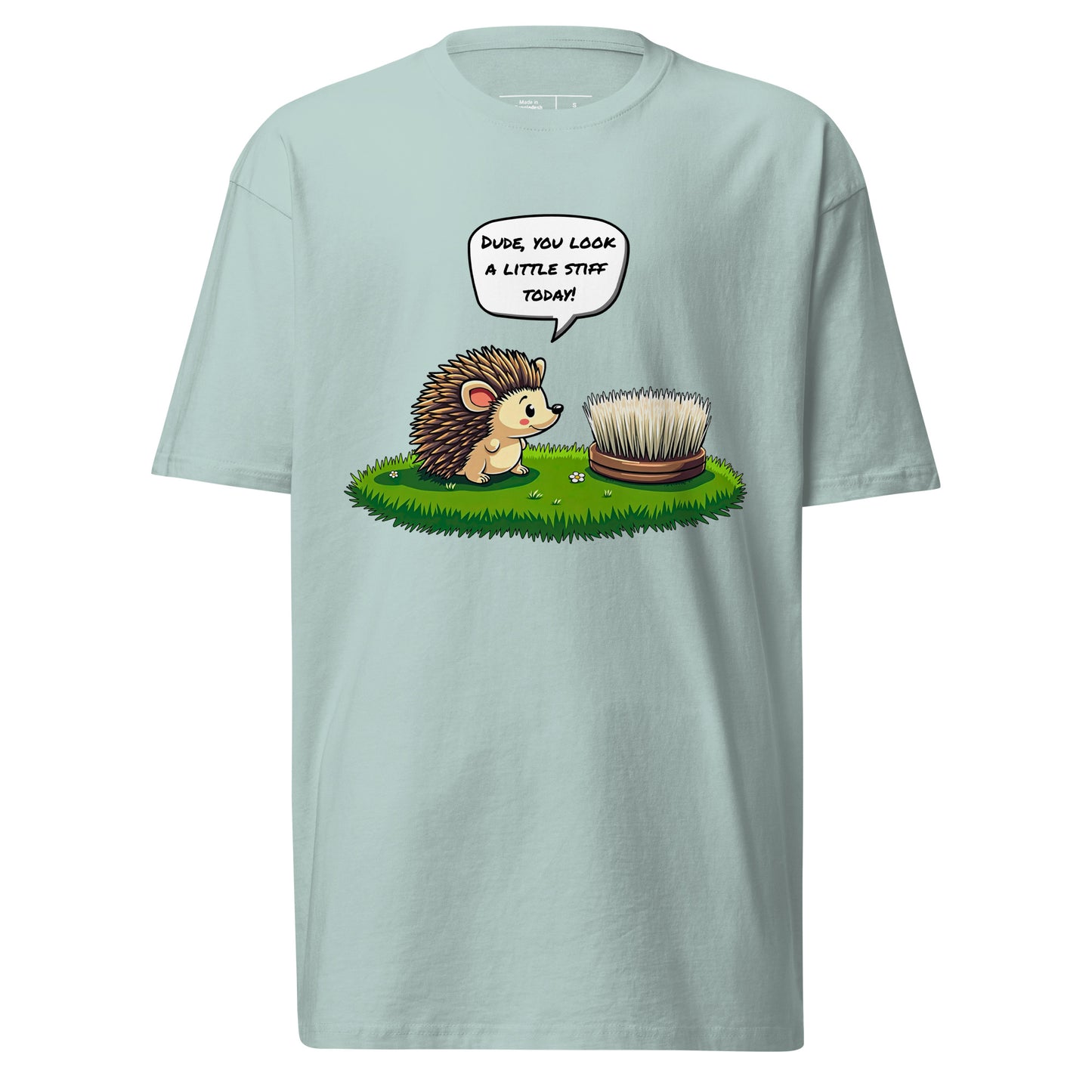 The grabNade Men's Relaxed Heavyweight Tee features premium cotton and a light blue cartoon of a hedgehog with a hairbrush, captioned "Dude you look a little stiff today"—a modern fit for those who love clever, playful humor.