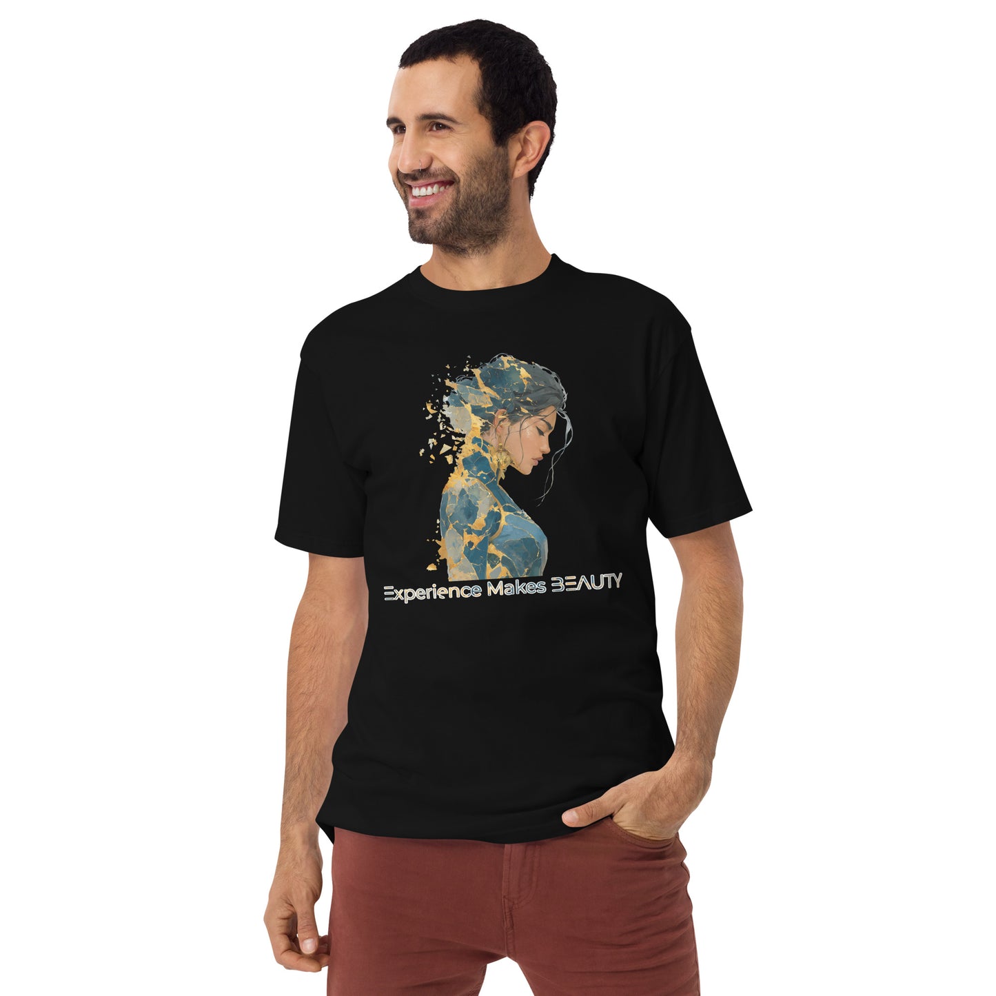 Product mockup. Plus-size man standing in a black heavyweight t-shirt featuring a cartoon hedgehog talking to a round brush and the caption "Dude, you look a little stiff today!"