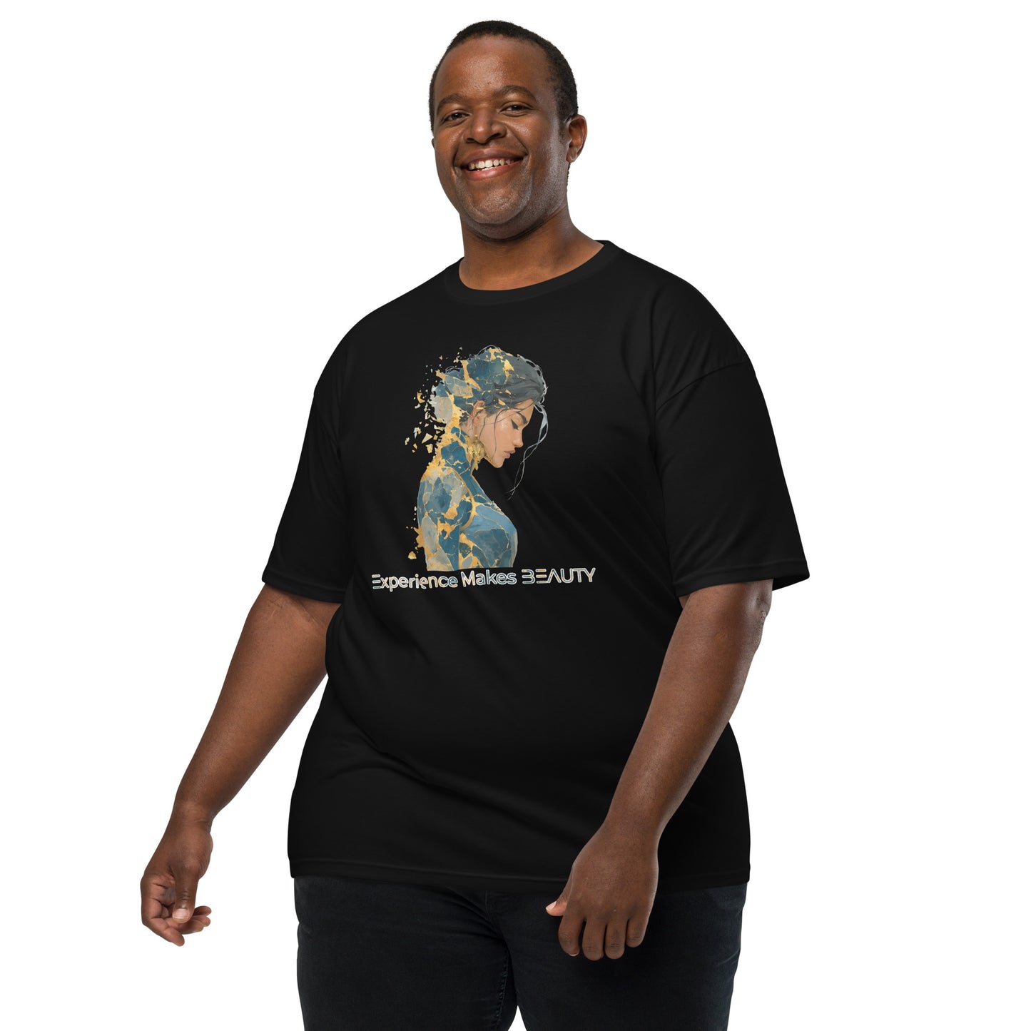 Product mockup. Plus-size man standing in a black heavyweight t-shirt featuring a cartoon hedgehog talking to a round brush and the caption "Dude, you look a little stiff today!"
