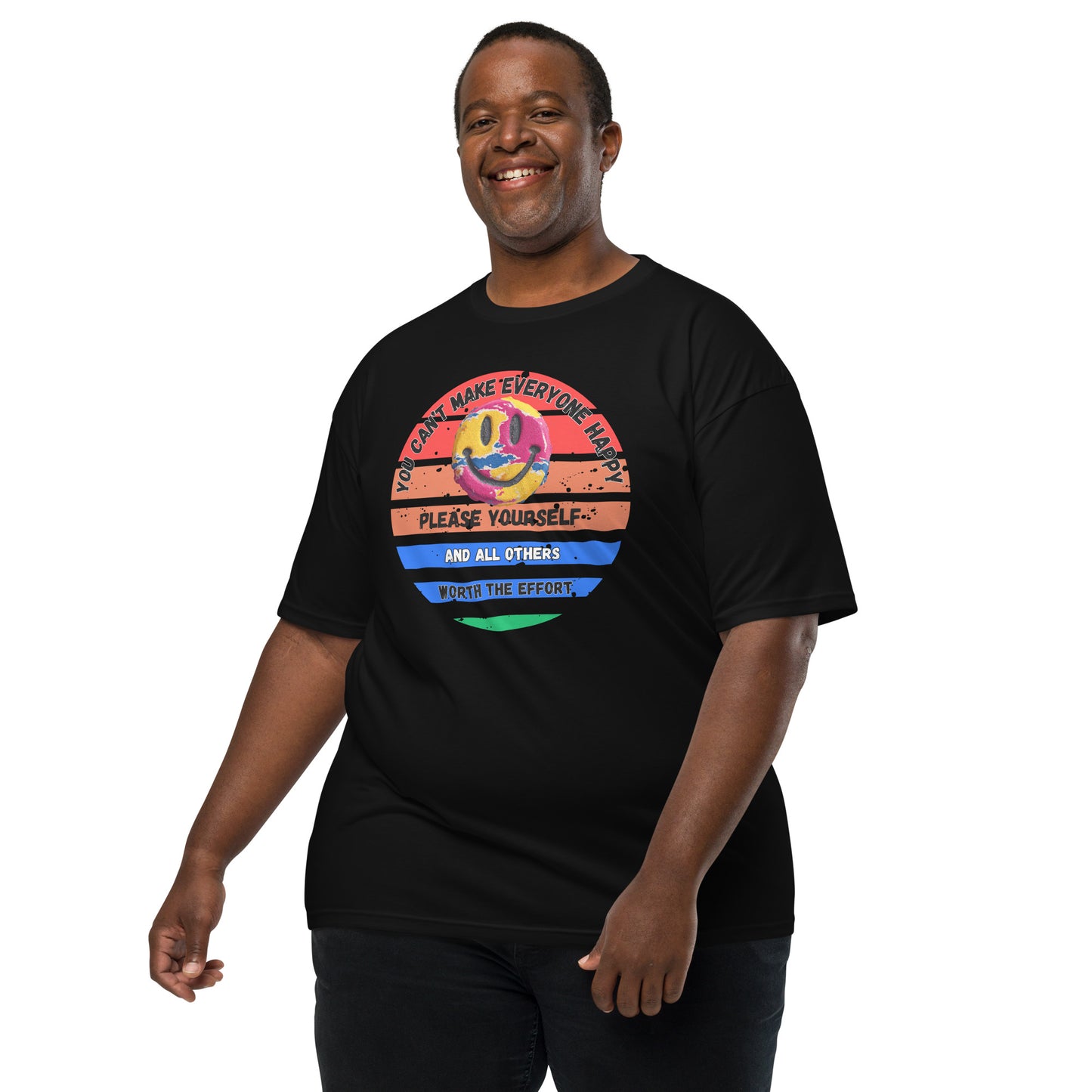 Product mockup. Plus-size man standing in a black heavyweight t-shirt featuring a cartoon hedgehog talking to a round brush and the caption "Dude, you look a little stiff today!"
