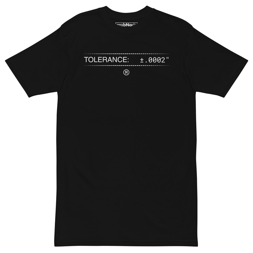 Men black premium GOTS t-shirt with white text "TOLERANCE: ±.0002" and GD&T symbol for mechanical engineers.