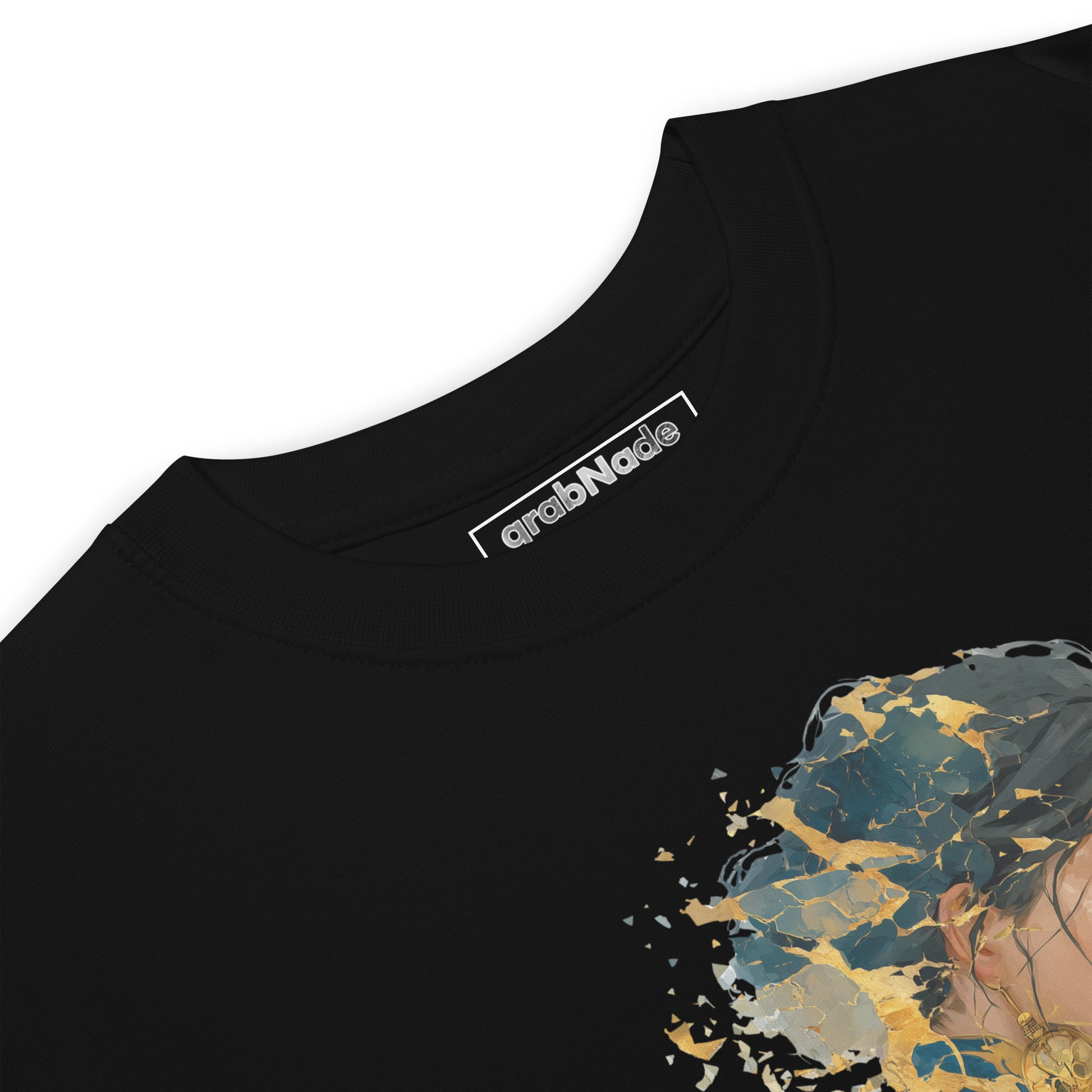 Product mockup. Closeup of the neck and collar label of a black t-shirt showing the grabNade brand and part of a cartoon hedgehog with the caption "Dude, you look a little stiff today!"