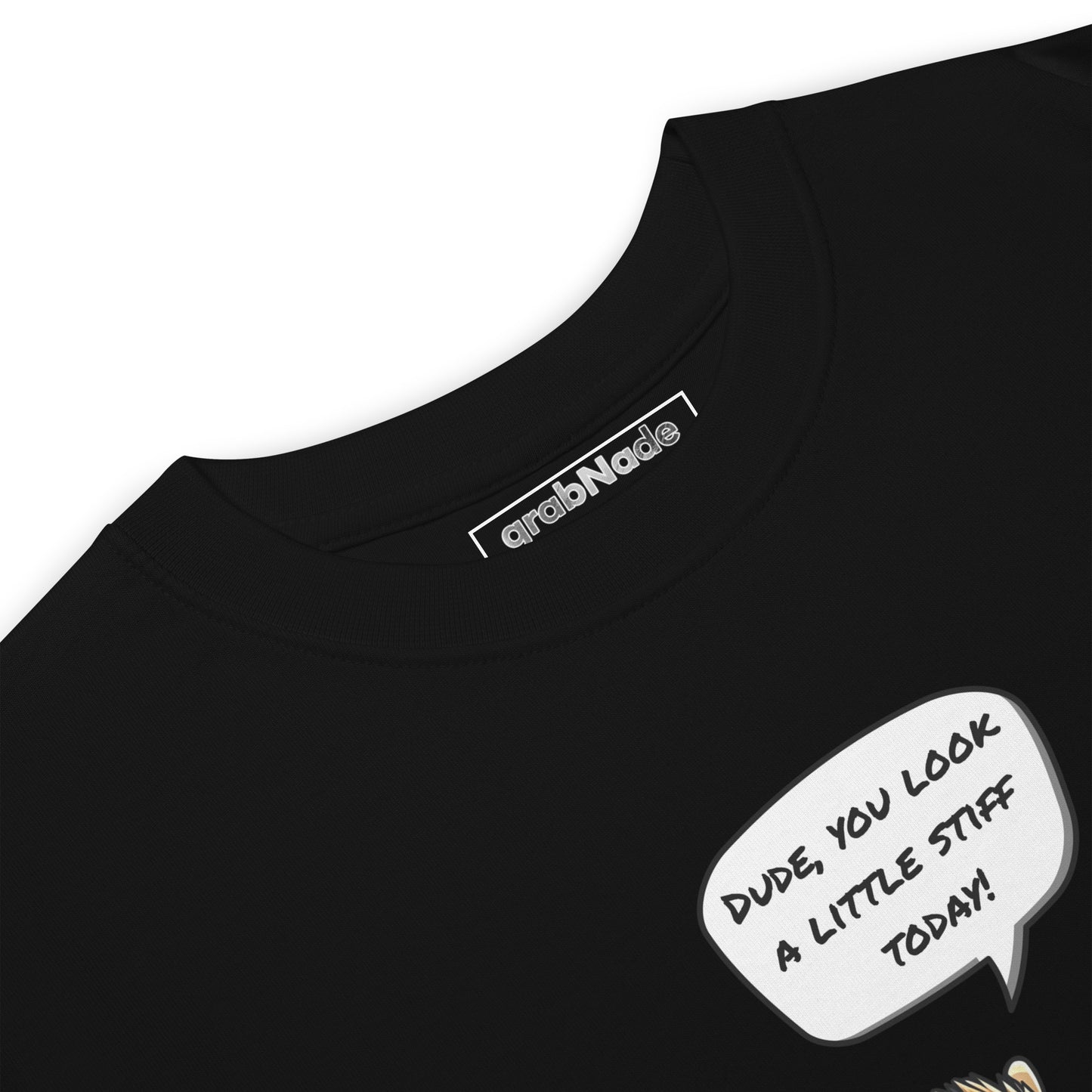 Product mockup. Closeup of the neck and collar label of a black t-shirt showing the grabNade brand and part of a cartoon hedgehog with the caption "Dude, you look a little stiff today!"