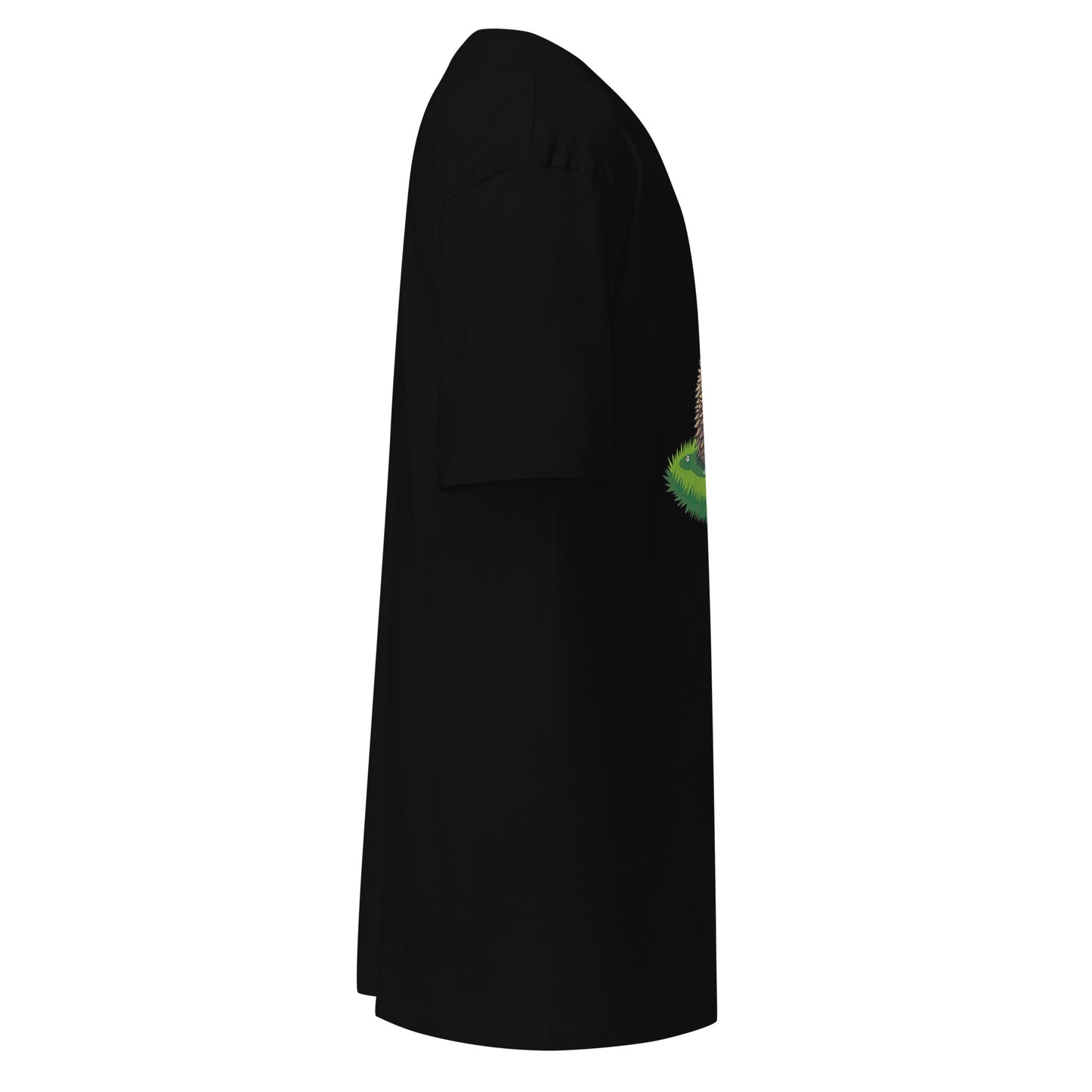 Side view of grabNade's Men's Relaxed Heavyweight Tee in premium black cotton. A hint of the "Dude you look a little stiff today" green and yellow graphic is visible at the front, with most of the design hidden from this angle.