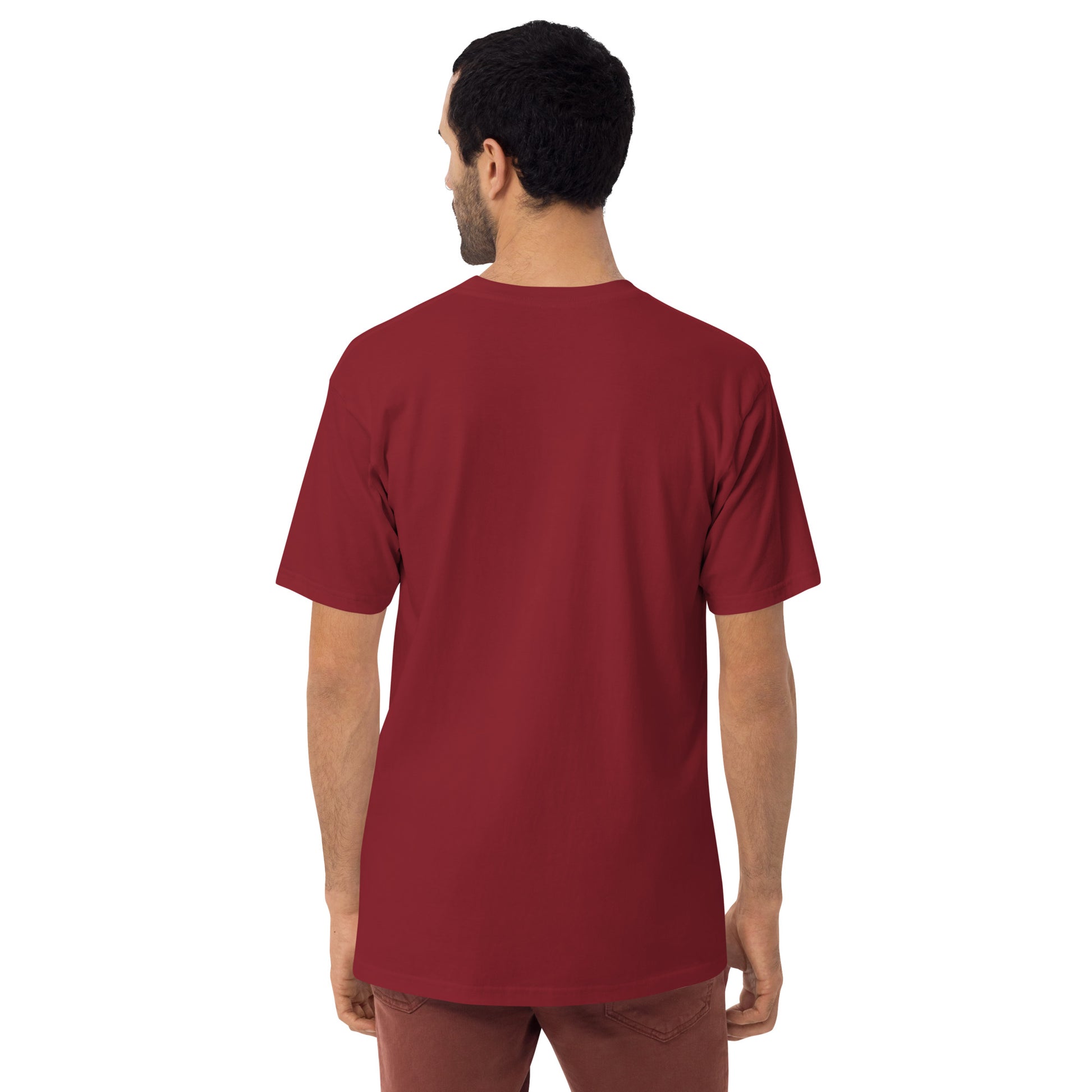 Product mockup. Man with short curly hair shown from behind, wearing a plain brick-red heavyweight t-shirt and brick-colored pants.