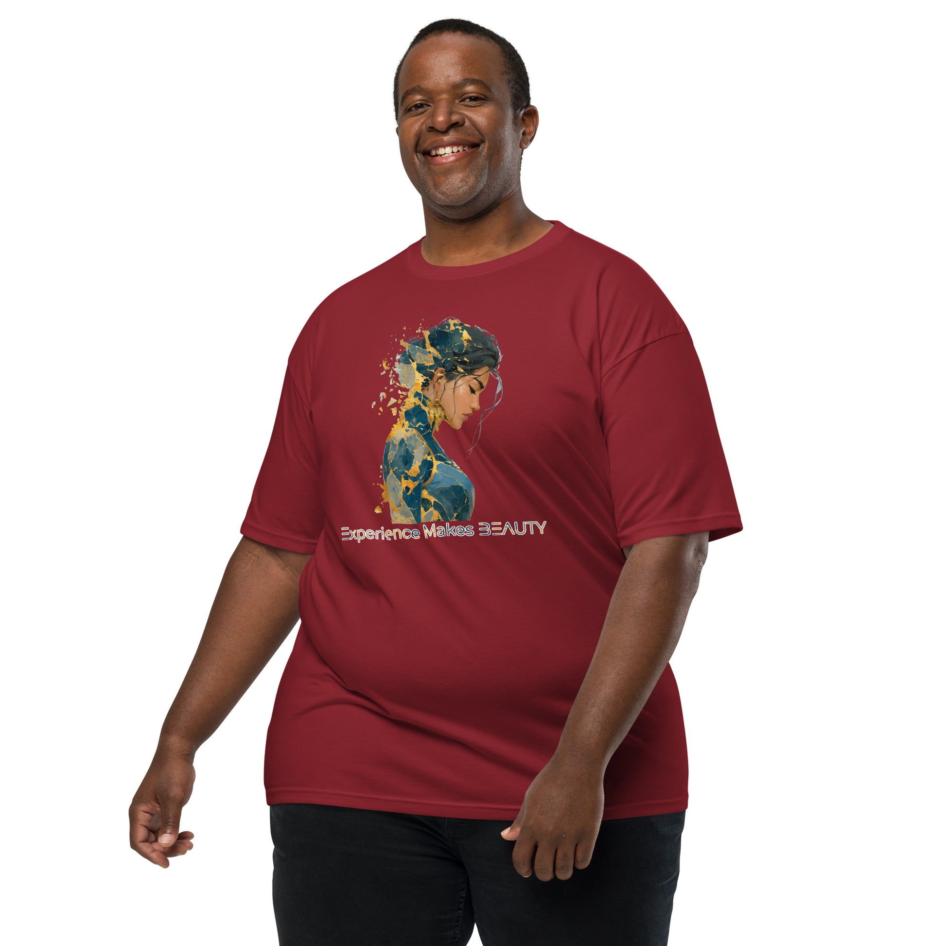 Product mockup. Plus-size man wearing a brick-red heavyweight t-shirt with a large colorful smiley face and rainbow stripes, and the motivational text: "You can't make everyone happy. Please yourself. And all others worth the effort."