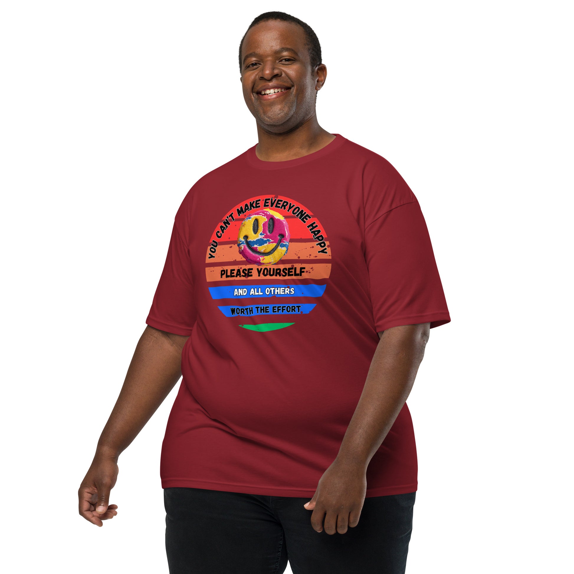 Product mockup. Plus-size man wearing a brick-red heavyweight t-shirt with a large colorful smiley face and rainbow stripes, and the motivational text: "You can't make everyone happy. Please yourself. And all others worth the effort."