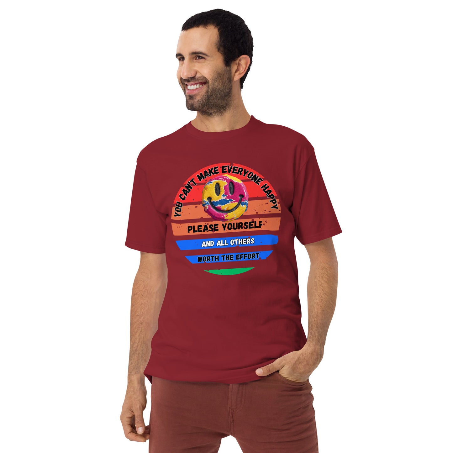 Product mockup. Plus-size man wearing a brick-red heavyweight t-shirt with a large colorful smiley face and rainbow stripes, and the motivational text: "You can't make everyone happy. Please yourself. And all others worth the effort."