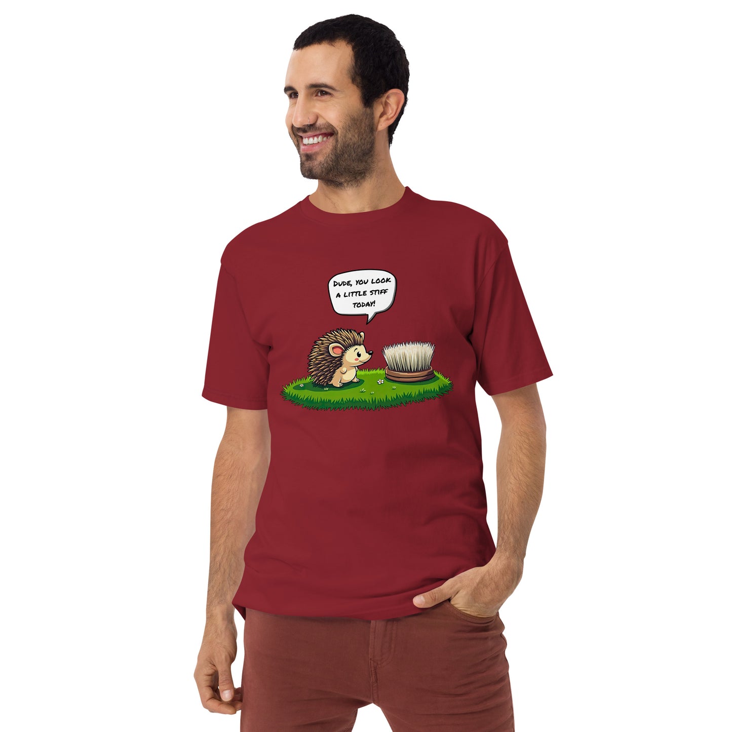 Product mockup. Plus-size man wearing a brick-red heavyweight t-shirt with a large colorful smiley face and rainbow stripes, and the motivational text: "You can't make everyone happy. Please yourself. And all others worth the effort."