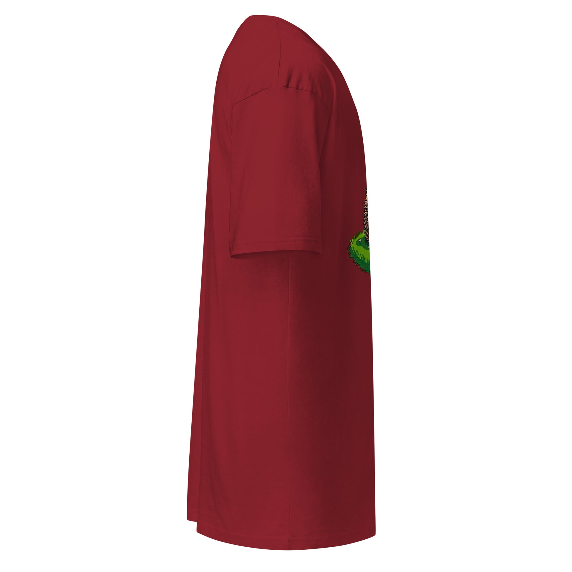 A side view shows the grabNade Men's Relaxed Heavyweight Tee in solid maroon, with short sleeves and crew neck. Made of premium cotton for a smooth, modern fit. Features "Dude you look a little stiff today" and no extra graphics on white background.