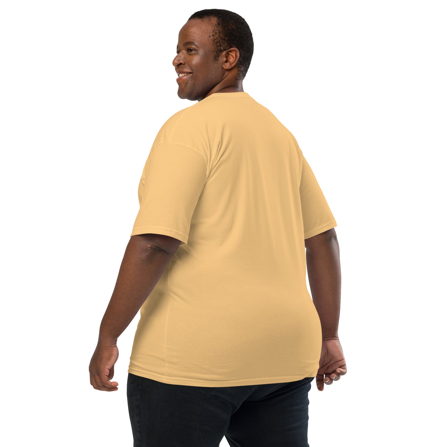 Product mockup. Plus-size man shown from behind, wearing a plain pale yellow t-shirt and dark pants.