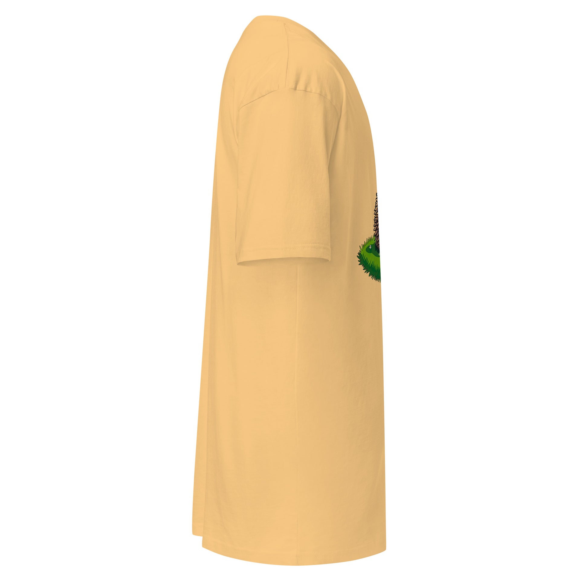 A Men's Relaxed Heavyweight Tee by grabNade, in light yellow premium cotton, is shown from the right side. The unworn shirt features a modern fit and displays part of the "Dude you look a little stiff today" graphic near the chest.