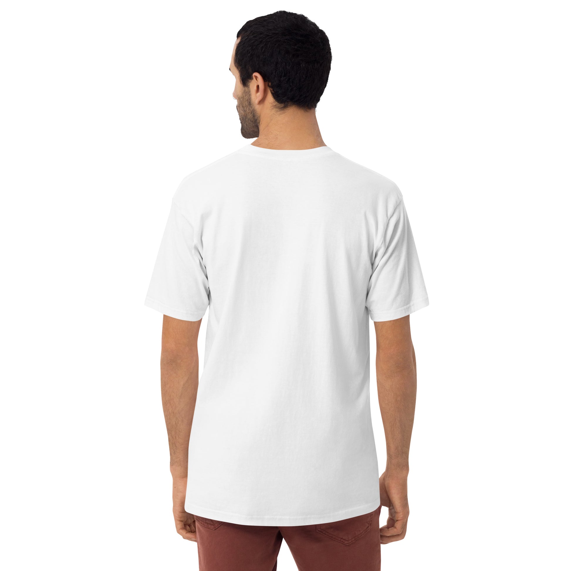 Product mockup. Man with short curly hair shown from behind, wearing a plain white heavyweight t-shirt and brick-colored pants.