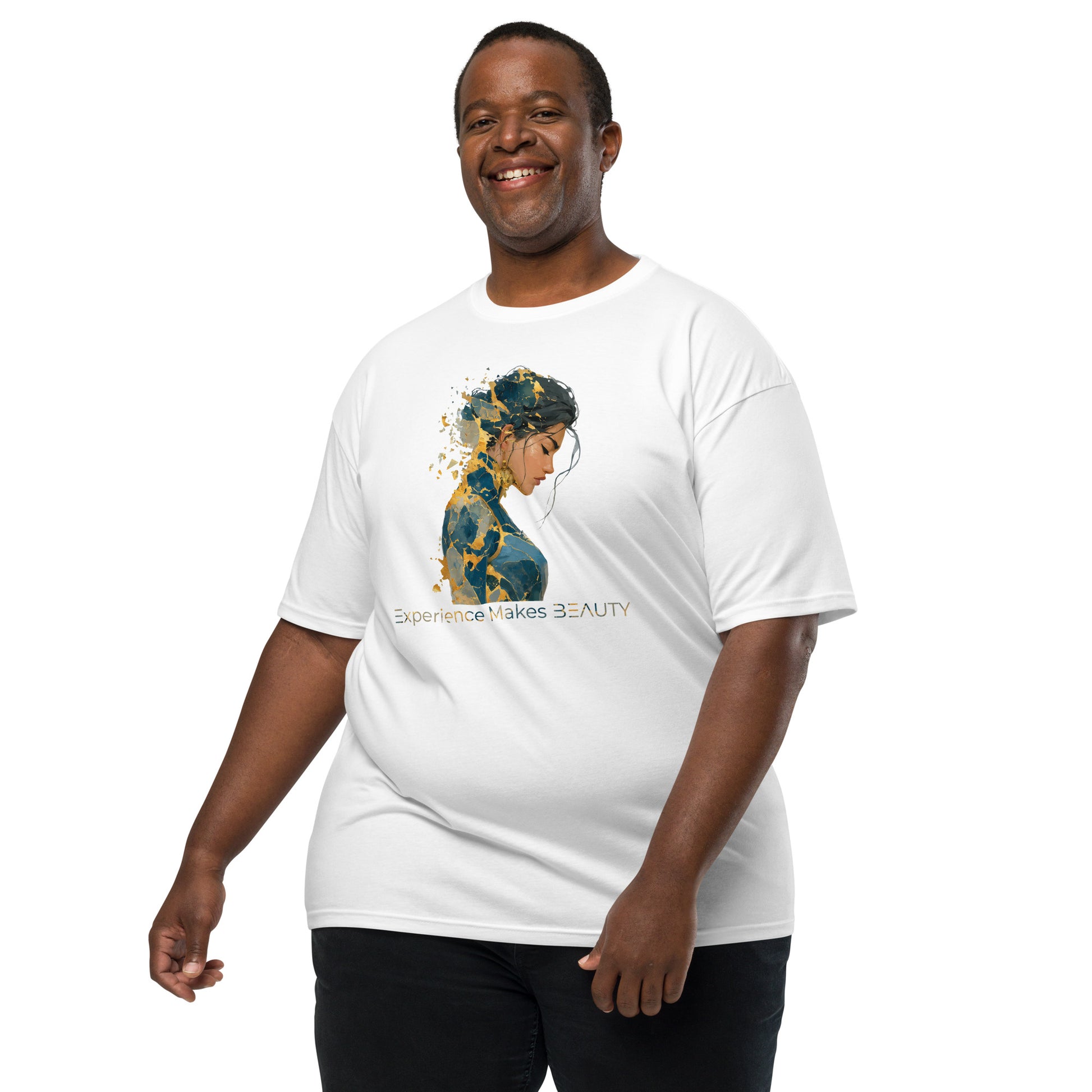 Product mockup. Plus-size man wearing a white heavyweight t-shirt with a large, colorful smiley face, rainbow stripes, and the motivational text: "You can't make everyone happy. Please yourself. And all others worth the effort."