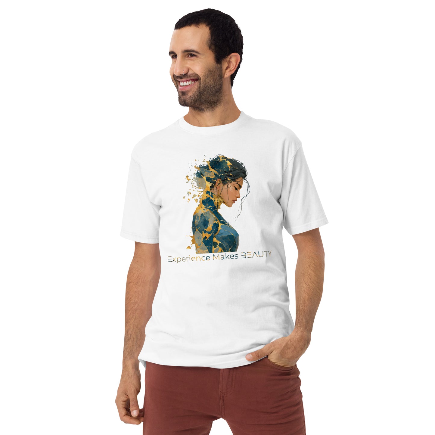 Product mockup. Plus-size man wearing a white heavyweight t-shirt with a large, colorful smiley face, rainbow stripes, and the motivational text: "You can't make everyone happy. Please yourself. And all others worth the effort."