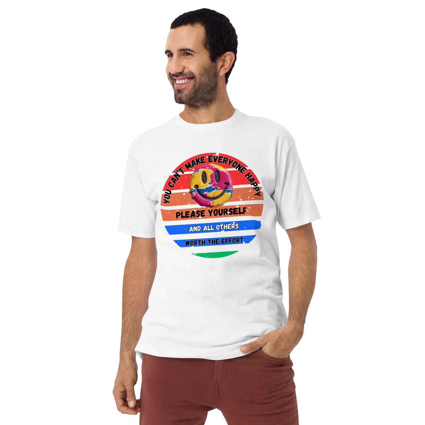 Product mockup. Plus-size man wearing a white heavyweight t-shirt with a large, colorful smiley face, rainbow stripes, and the motivational text: "You can't make everyone happy. Please yourself. And all others worth the effort."