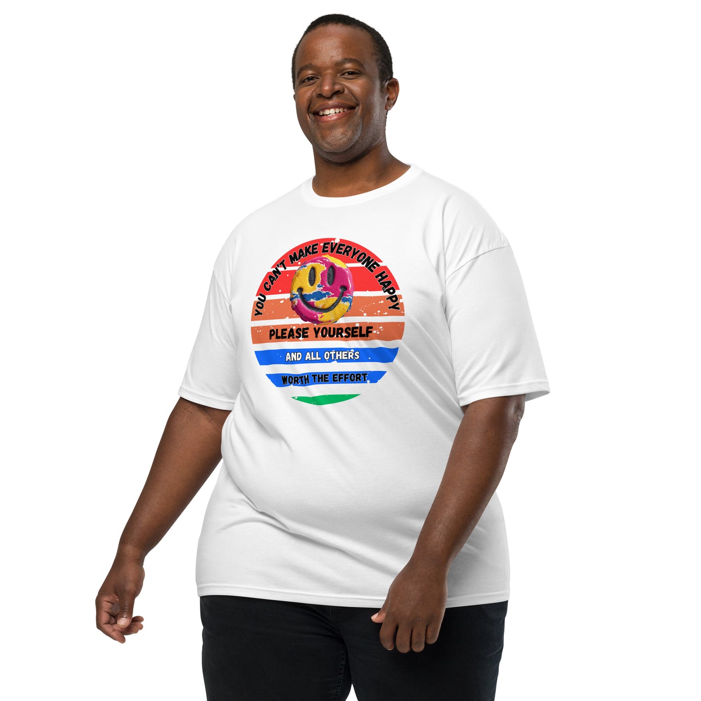 Product mockup. Plus-size man wearing a white heavyweight t-shirt with a large, colorful smiley face, rainbow stripes, and the motivational text: "You can't make everyone happy. Please yourself. And all others worth the effort."