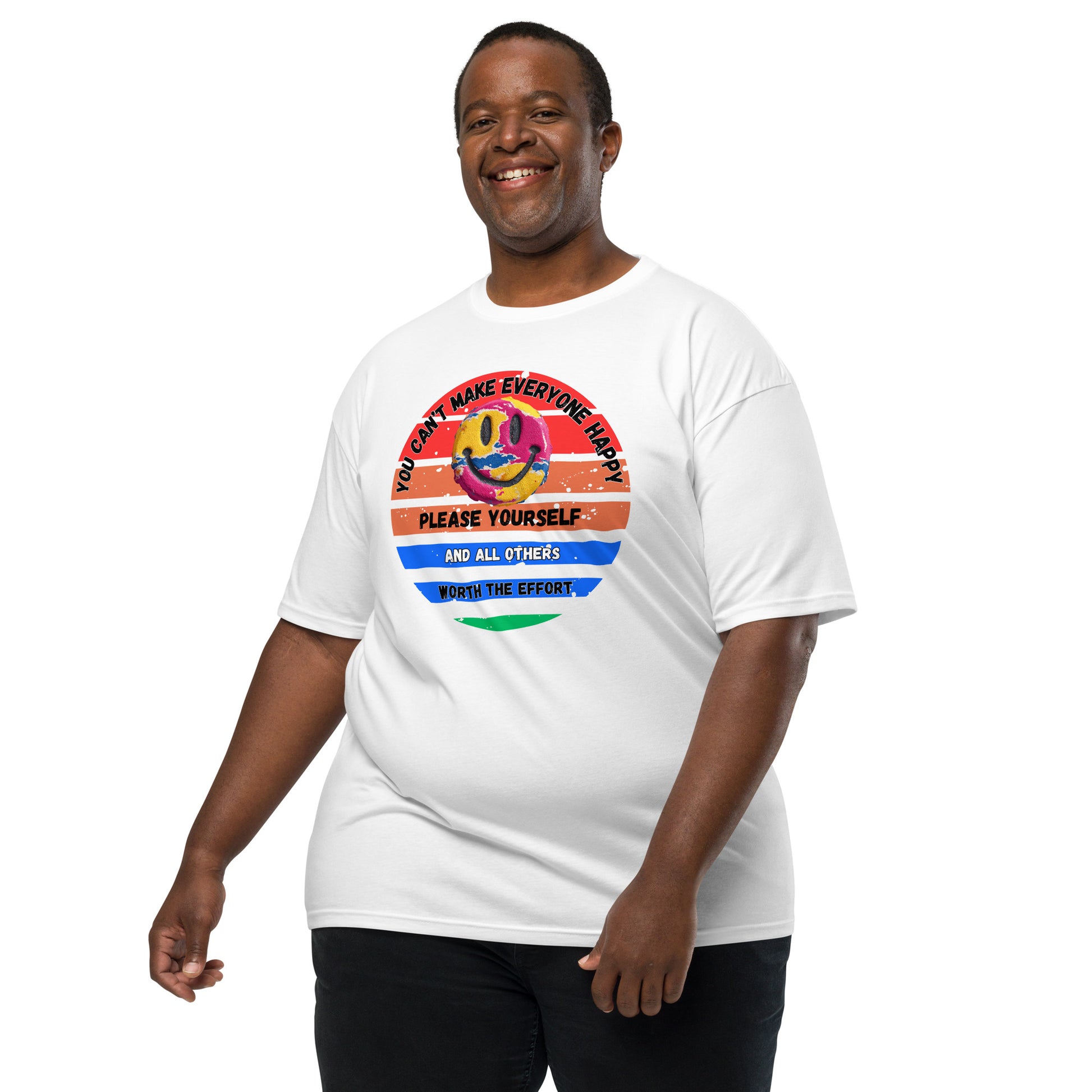 Product mockup. Plus-size man wearing a white heavyweight t-shirt with a large, colorful smiley face, rainbow stripes, and the motivational text: "You can't make everyone happy. Please yourself. And all others worth the effort."